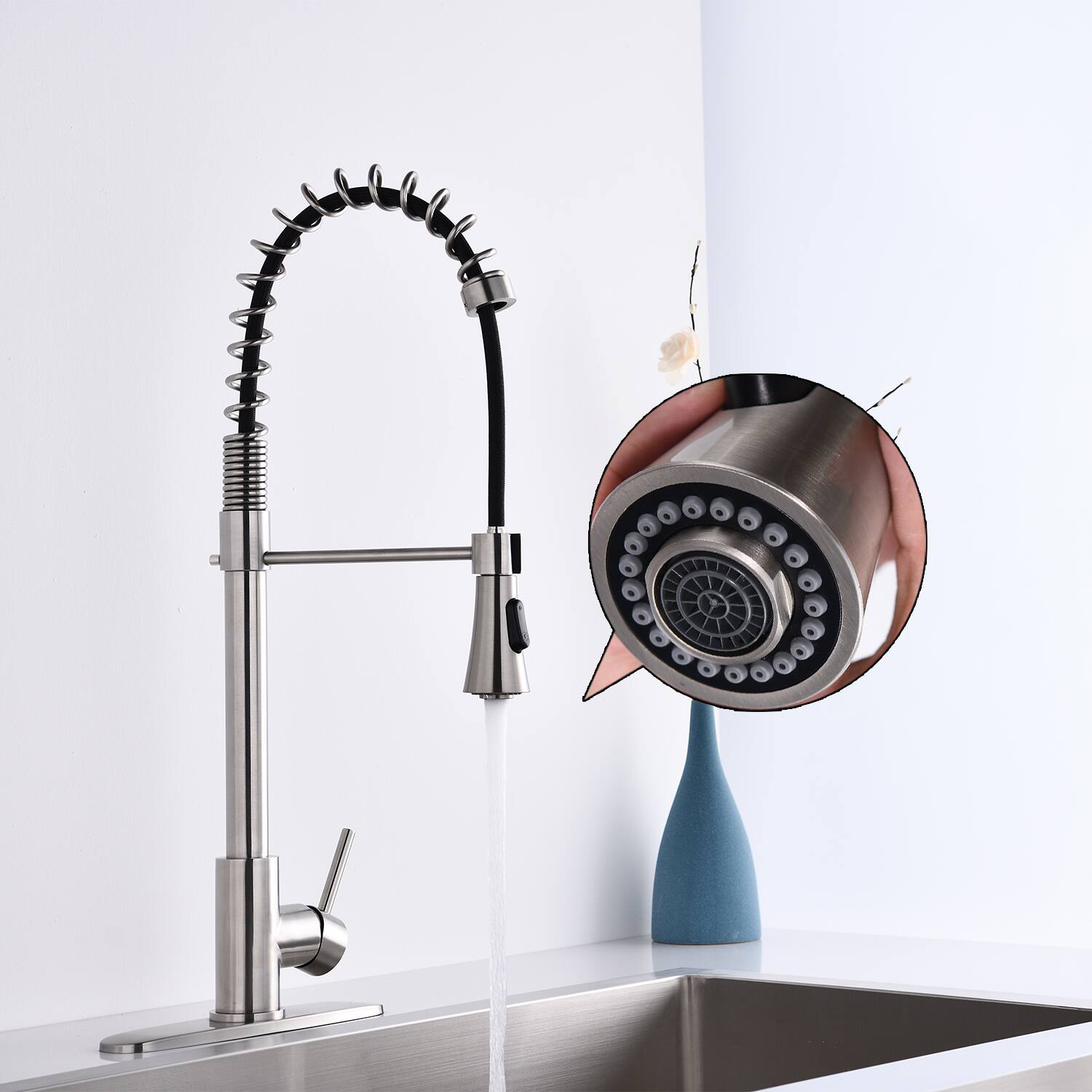 Angle. APRILSOUL - Commercial Modern Single Handle Spring High Arc Kitchen Faucet Brushed Nickel - Brushed Nickel.