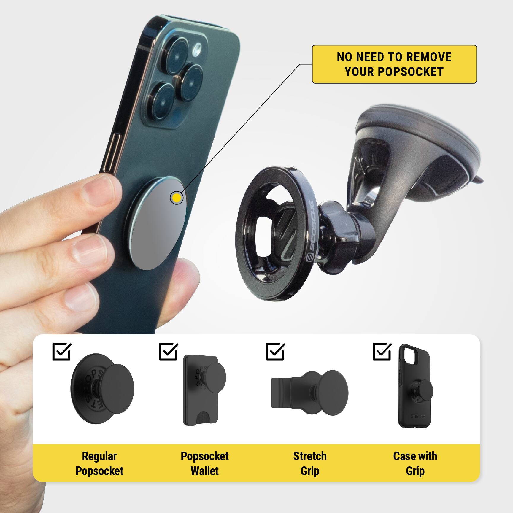 NO NEED TO REMOVE YOUR POPSOCKET

Regular Popsocket  
Popsoccket Wallet  
Stretch Grip  
Case with Grip
