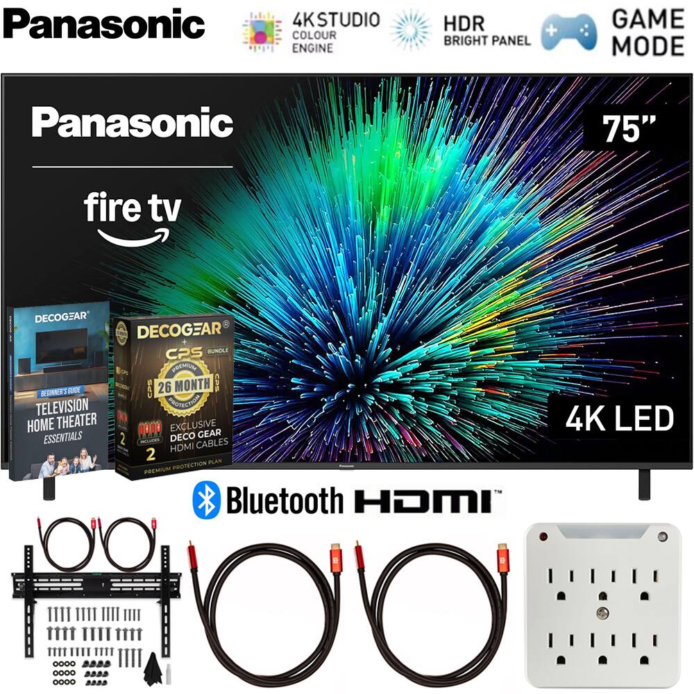 Panasonic 75" 4K LED TV with Fire TV  
- 4K Studio Colour Engine  
- HDR Bright Panel  
- Game Mode  
- Bluetooth  
- HDMI  

Included:  
- Decogear Beginners Guide to Television Home Theater Essentials  
- Decogear CPS Bundle (26 Month Premium Protection Plan)  
- Exclusive Decogear HDMI Cables  
- Premium Protection Plan