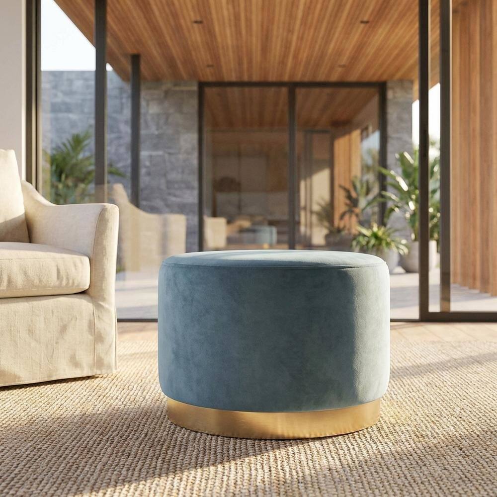 Angle. Outdoor Escape - Round performance velvet ottoman with plush upholstery and versatile design - Blue.