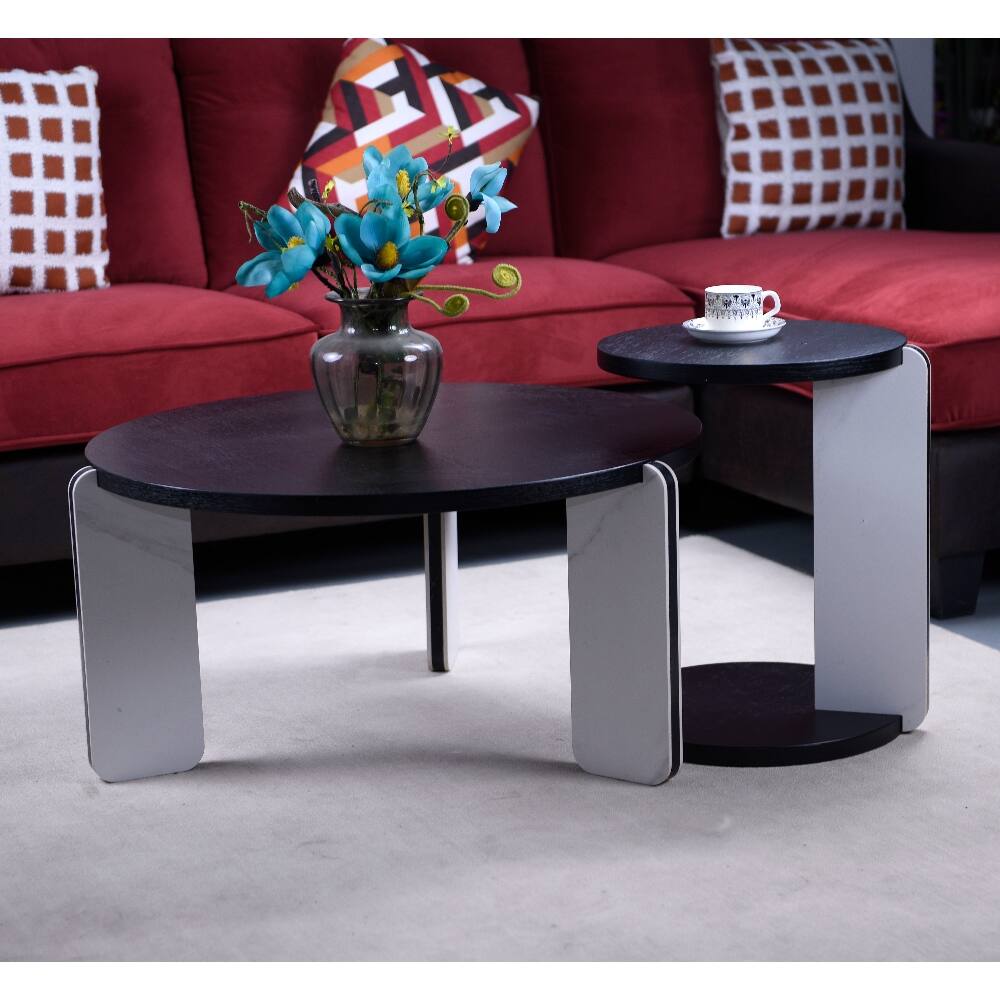 Alt View 1. Loheer - Loheer Round Coffee Table Set Black Oak Veneer Sintered Stone Legs MDF Side Table Living Room Sofa Table White and Black - White+Black.