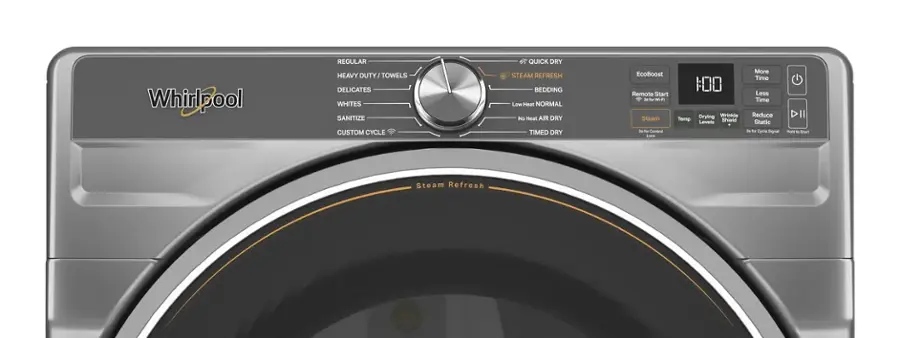 Whirlpool Regular Heavy Duty / Towels Delicates Whites Sanitize Custom Cycle Quick Dry Steam Refresh Bedding Low Heat Normal No Heat Air Dry Time Dry EcoBoost Remote Start t-W-R Steam d- - Lars 1:00 Drying Wrinkle Temp Shield Levels More Time Less Time Reduce Static de t Cycle Signal DII Had - SOT Steam Refresh