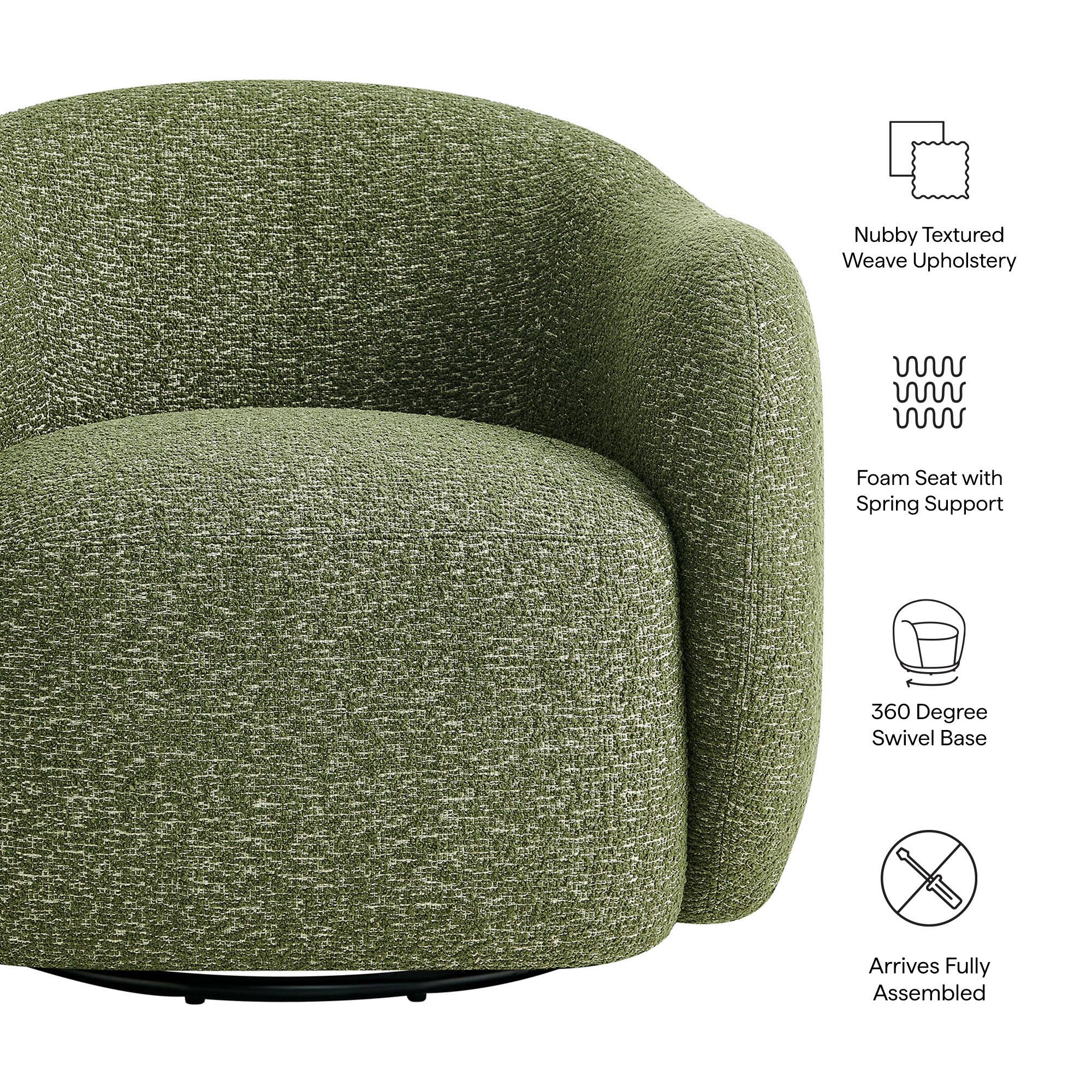 Nubby Textured Weave Upholstery  
Foam Seat with Spring Support  
360 Degree Swivel Base  
Arrives Fully Assembled