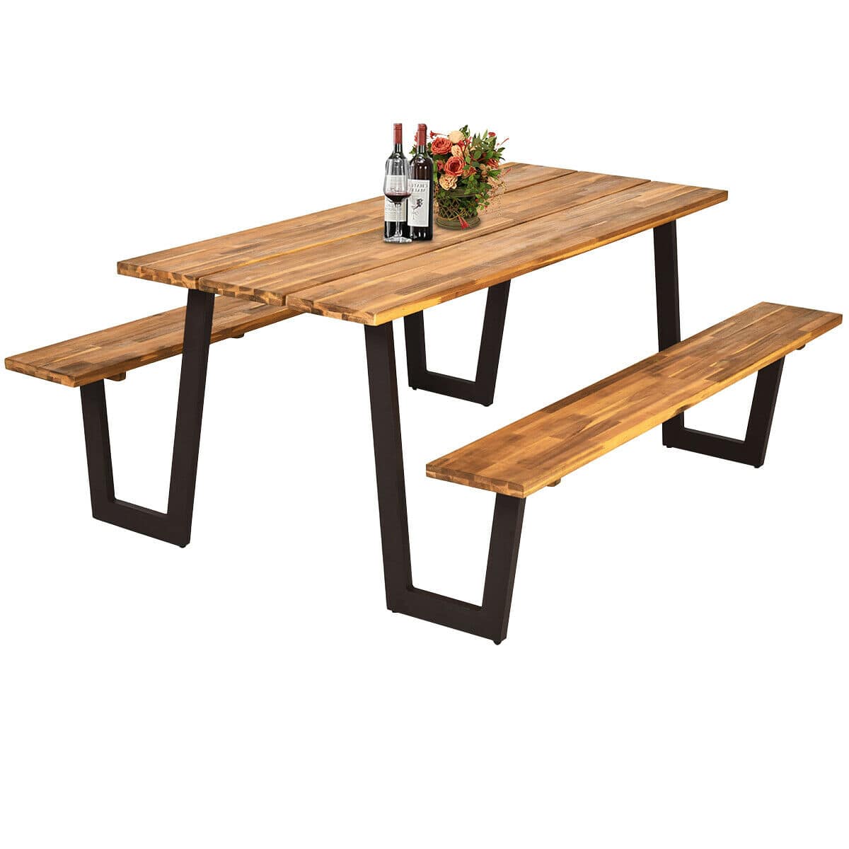 Gymax - Patented Picnic Table Bench Set Outdoor Camping Wooden 2 Built-in Benches w/Umbrella Hole - Brown + Black price history on PriceWatchPro