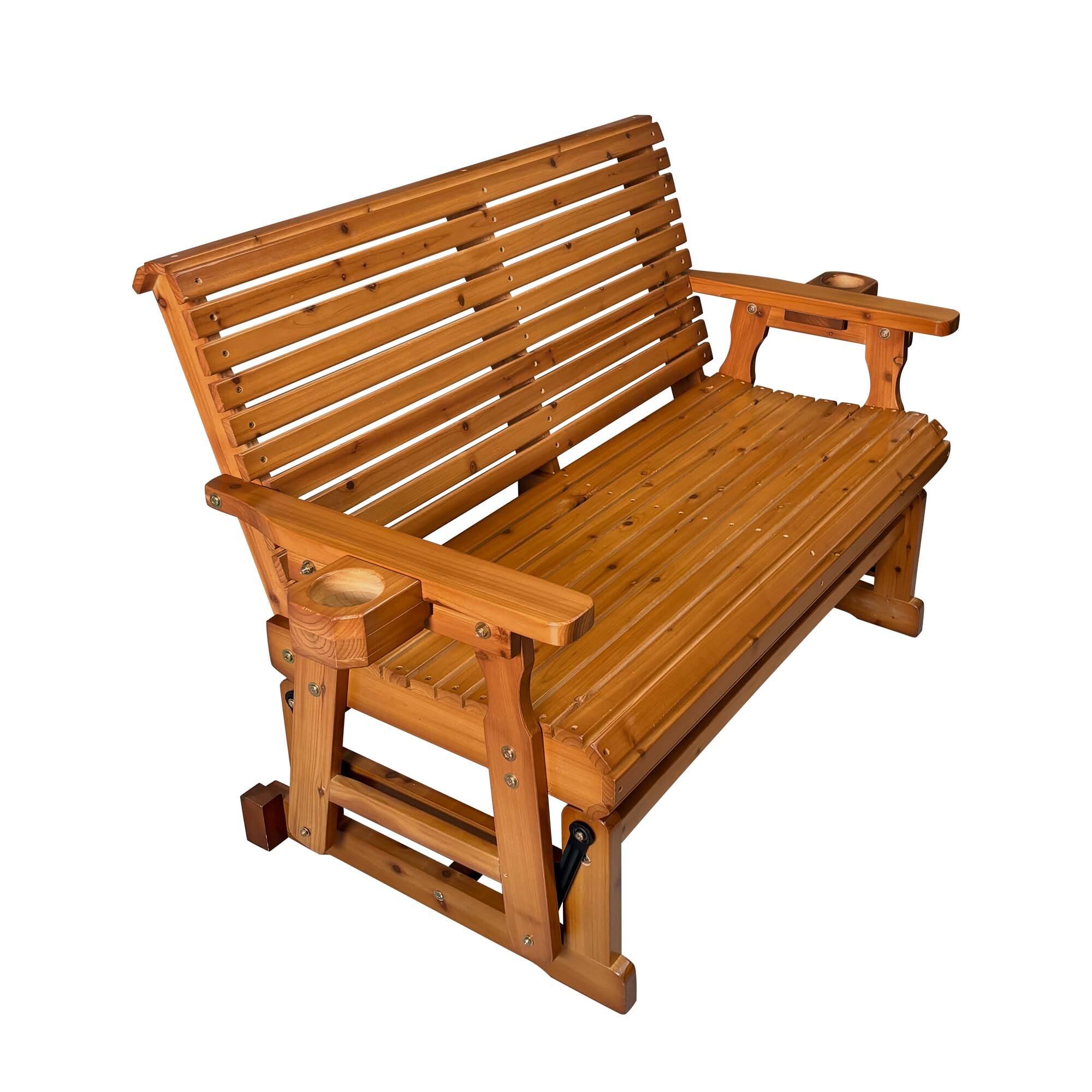 Angle. Fortune Candy - Wooden Patio Glider with Cup Holders, High Roll Back and Deep Contoured Seat, Heavy Duty 800 Lb (2-Seater) - Teak Tone.