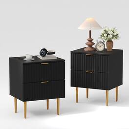 GARVEE - 2pcs Modern Nightstand with 2 Drawers, Golden and Wood Fluted Night Stand with Charging Station - Black