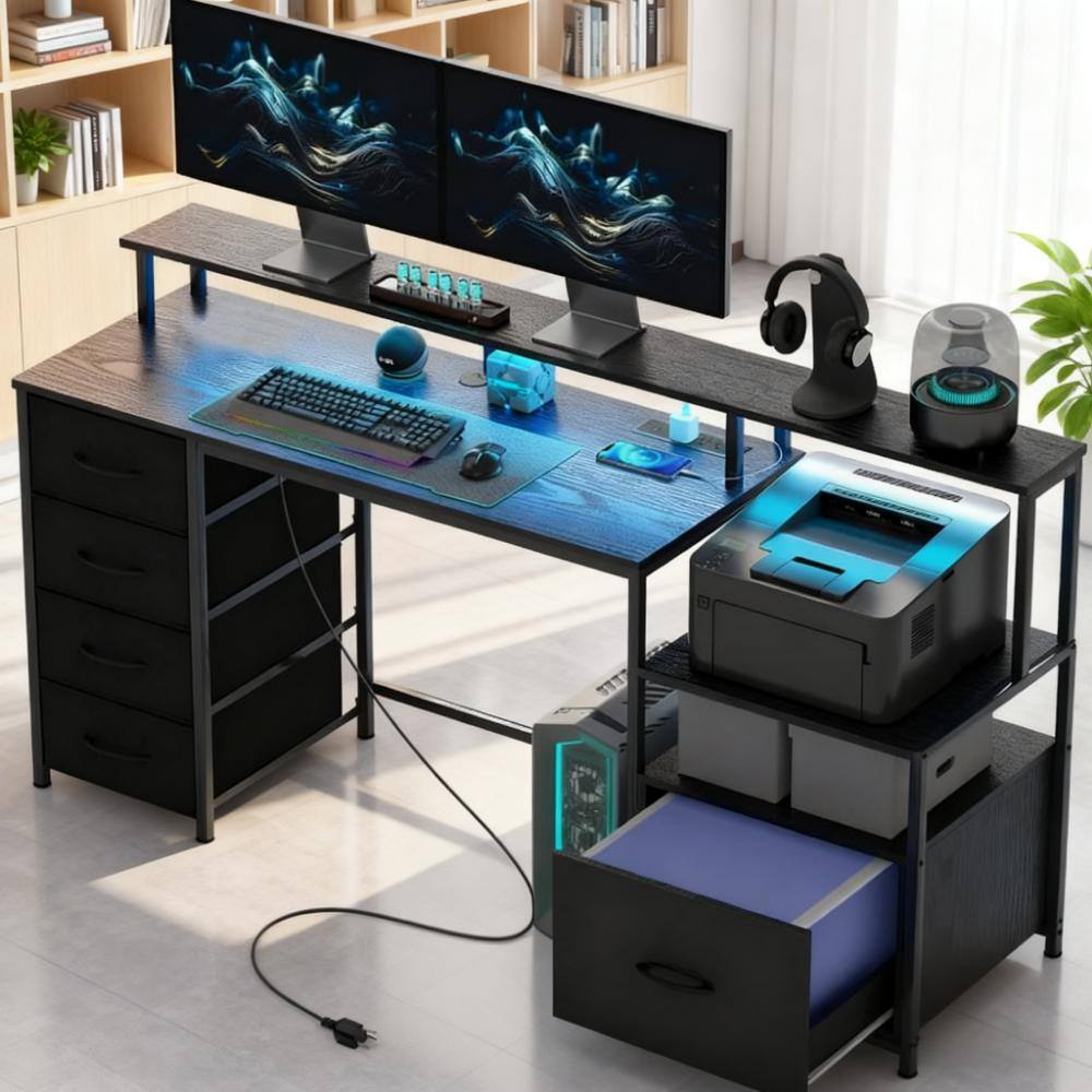 Alt View 1. Aukfa - Computer Table with File Cabinet and Fabric Drawers,For Home and Office - Black.