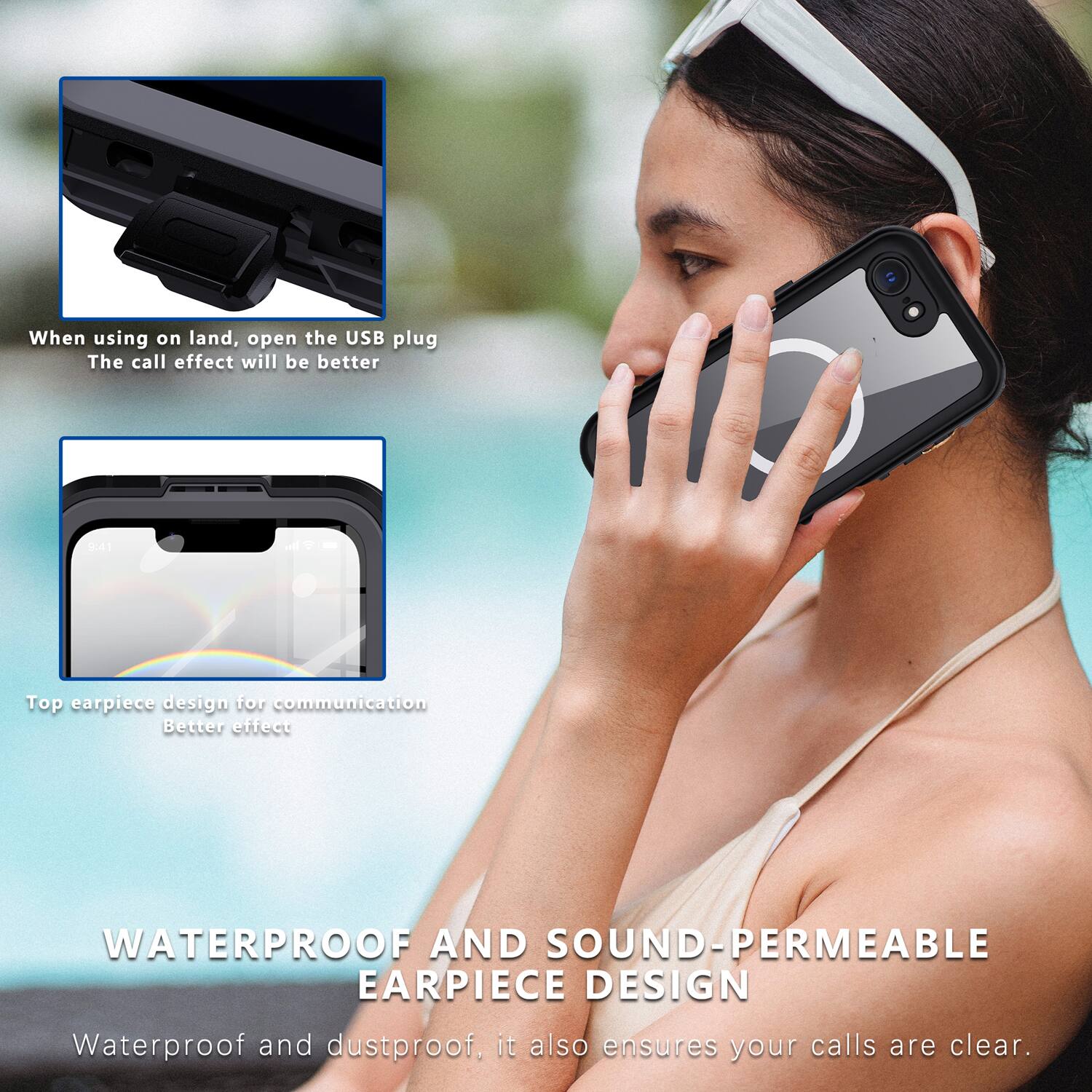 When using on land, open the USB plug. The call effect will be better.

Top earpiece design for communication. Better effect.

WATERPROOF AND SOUND-PERMEABLE EARPIECE DESIGN
Waterproof and dustproof, it also ensures your calls are clear.