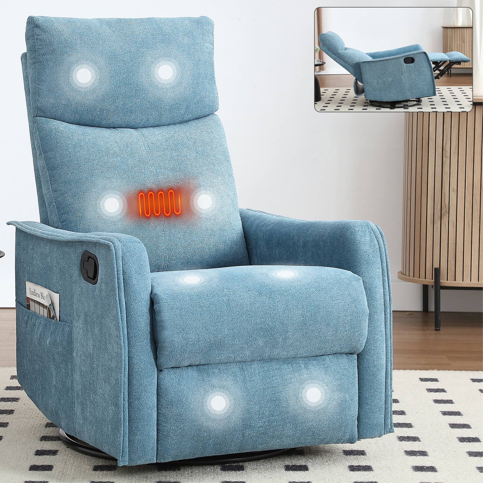 Angle. LUCKY ONE - Heat Massage Manual Recliner Chair with Rocker and Swivel - Blue.