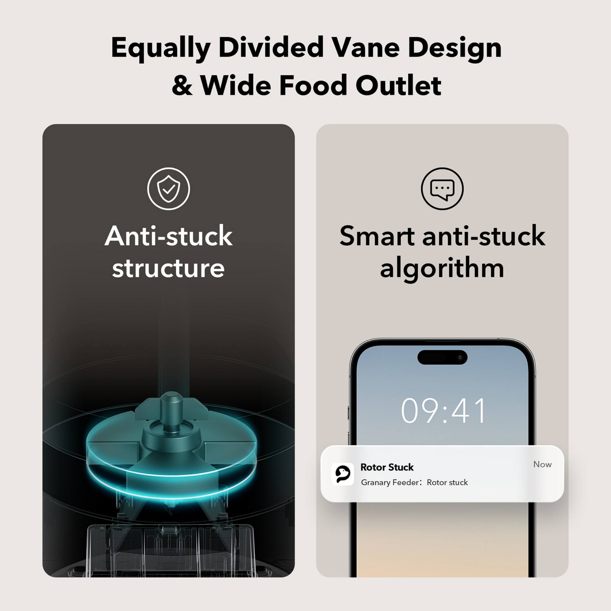 Equally Divided Vane Design & Wide Food Outlet ... Anti-stuck structure Smart anti-stuck algorithm 09:41 Rotor Stuck Granary Feeder: Rotor stuck Now