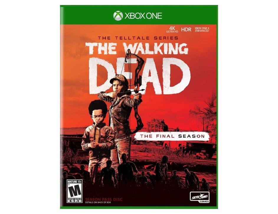 XBOX ONE  
4K ULTRA HD HDR  
XBOX ONE X ENHANCED  

THE TELLTALE SERIES  
THE WALKING DEAD  
THE FINAL SEASON  

MATURE 17+  
M  
ESRB  
CONTENT RATED BY THE ENTERTAINMENT SOFTWARE RATING BOARD  

SEASON PASS DISC  
DETAILS ON BACK OF BOX  

SKYBOUND GAMES