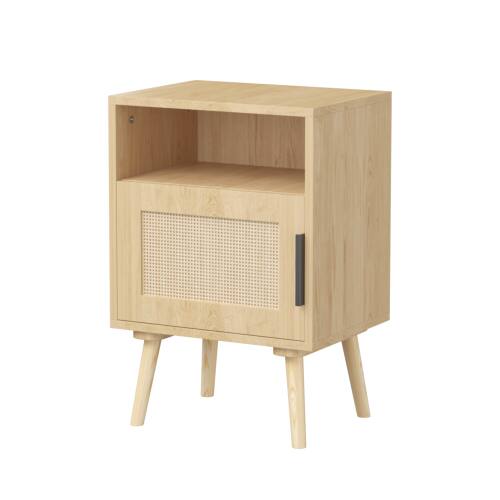 Alt View 2. LUCKY ONE - 22.83" Assembled Rattan Nightstand with Door Open Shelf Solid Wood Legs - Oak.