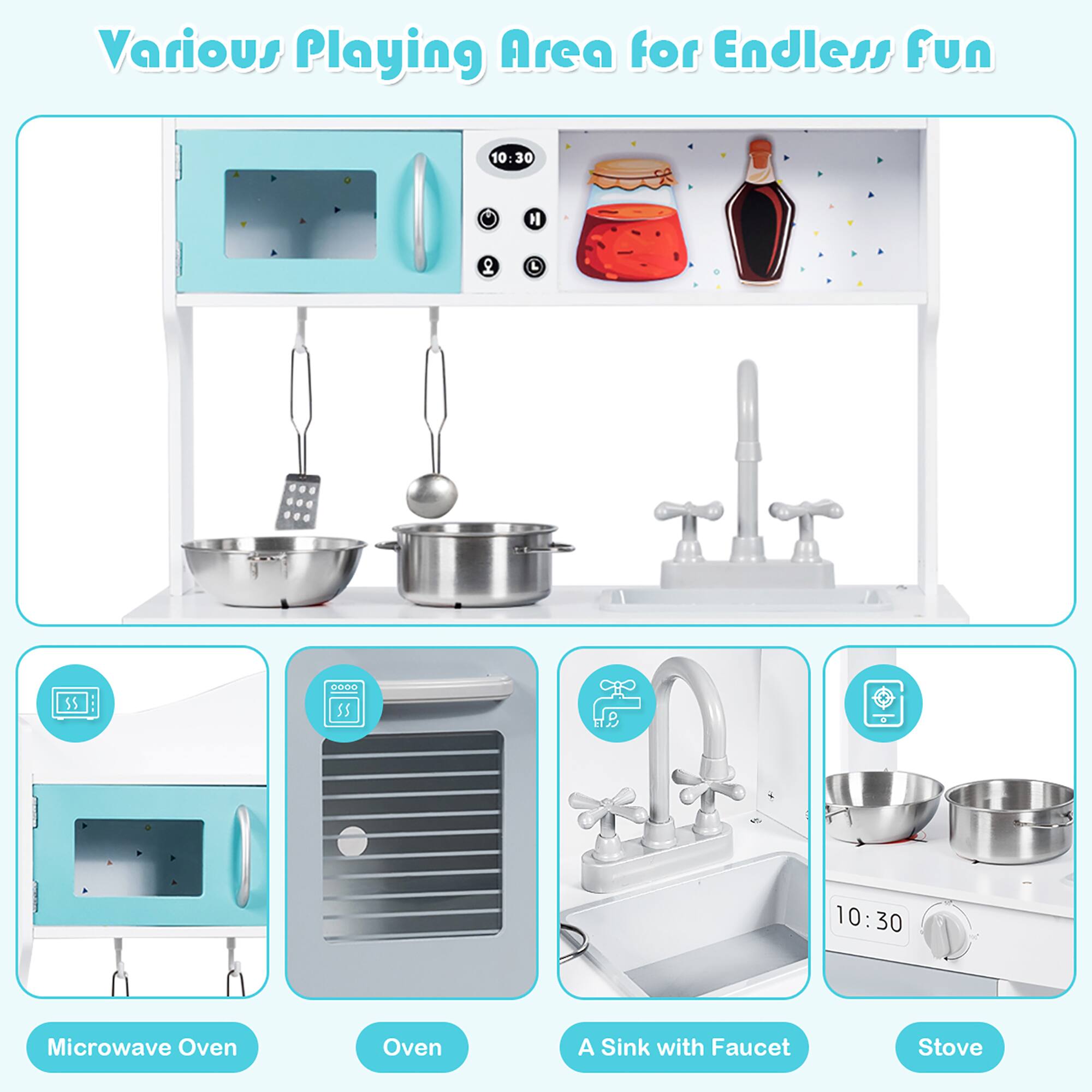 Various Playing Area for Endless Fun

- Microwave Oven
- Oven
- A Sink with Faucet
- Stove