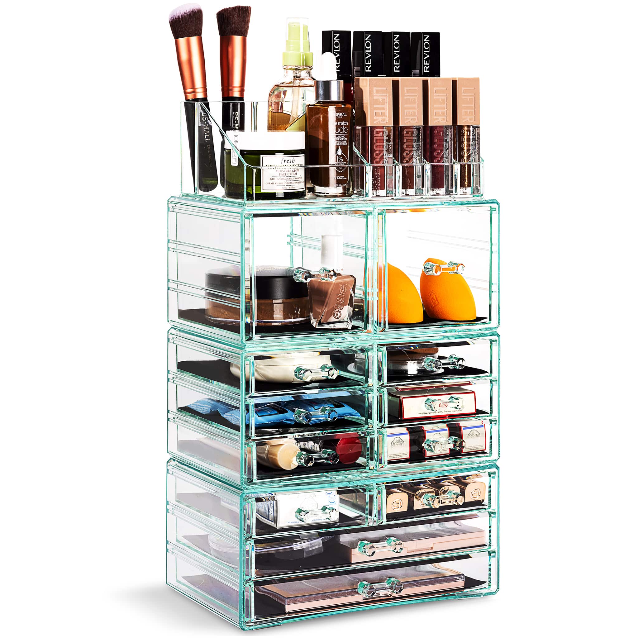 Sorbus - X-Large Clear Makeup Organizer Case - 4 Piece Set (12 Drawers) - Teal
