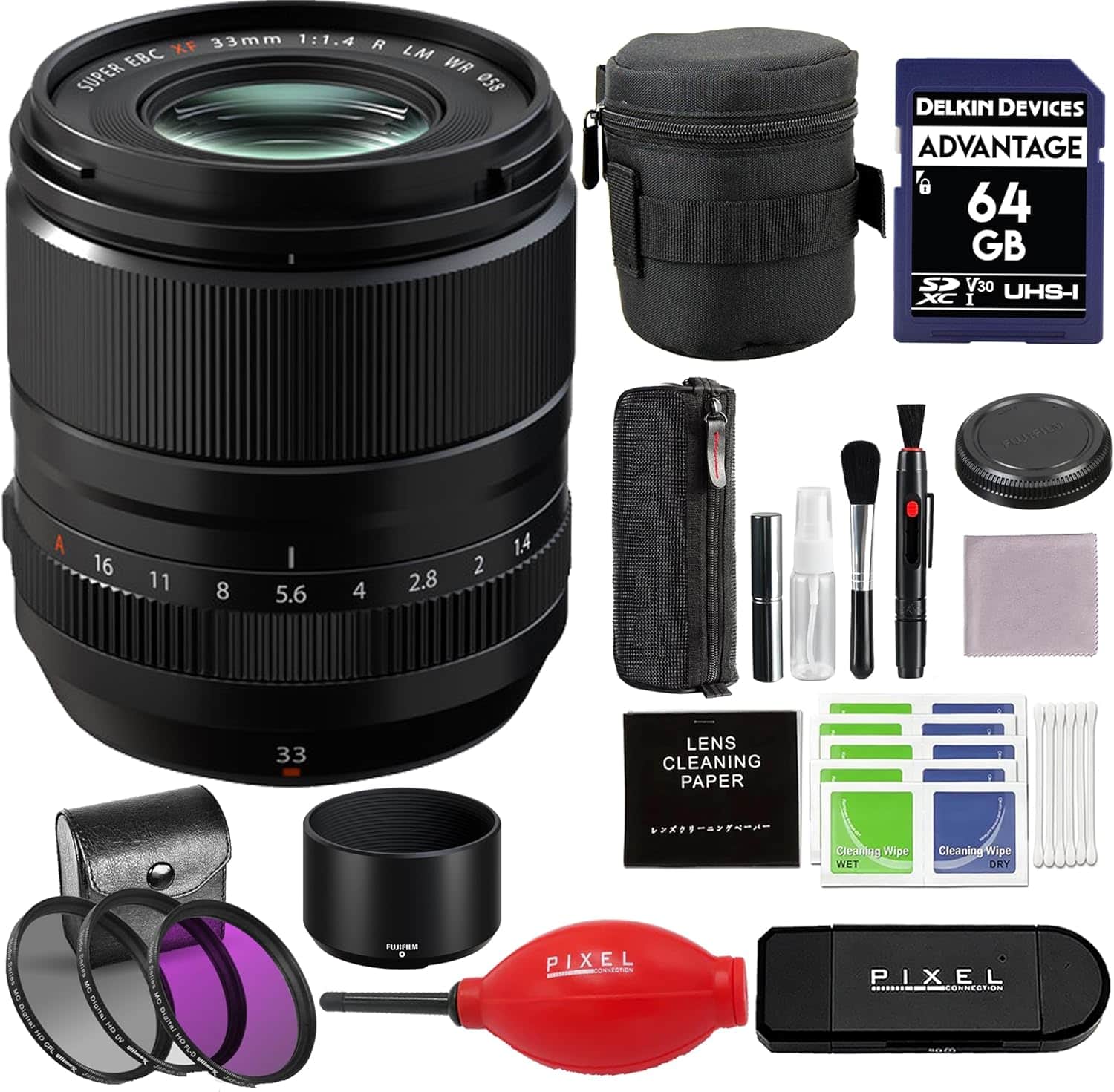 Fujifilm - XF 33mm f/1.4 R LM WR Lens w/ Card Reader, 64GB SD Card, 58mm 3PC Filter Kit & Advanced Accessories | Fuji 33mm - Black