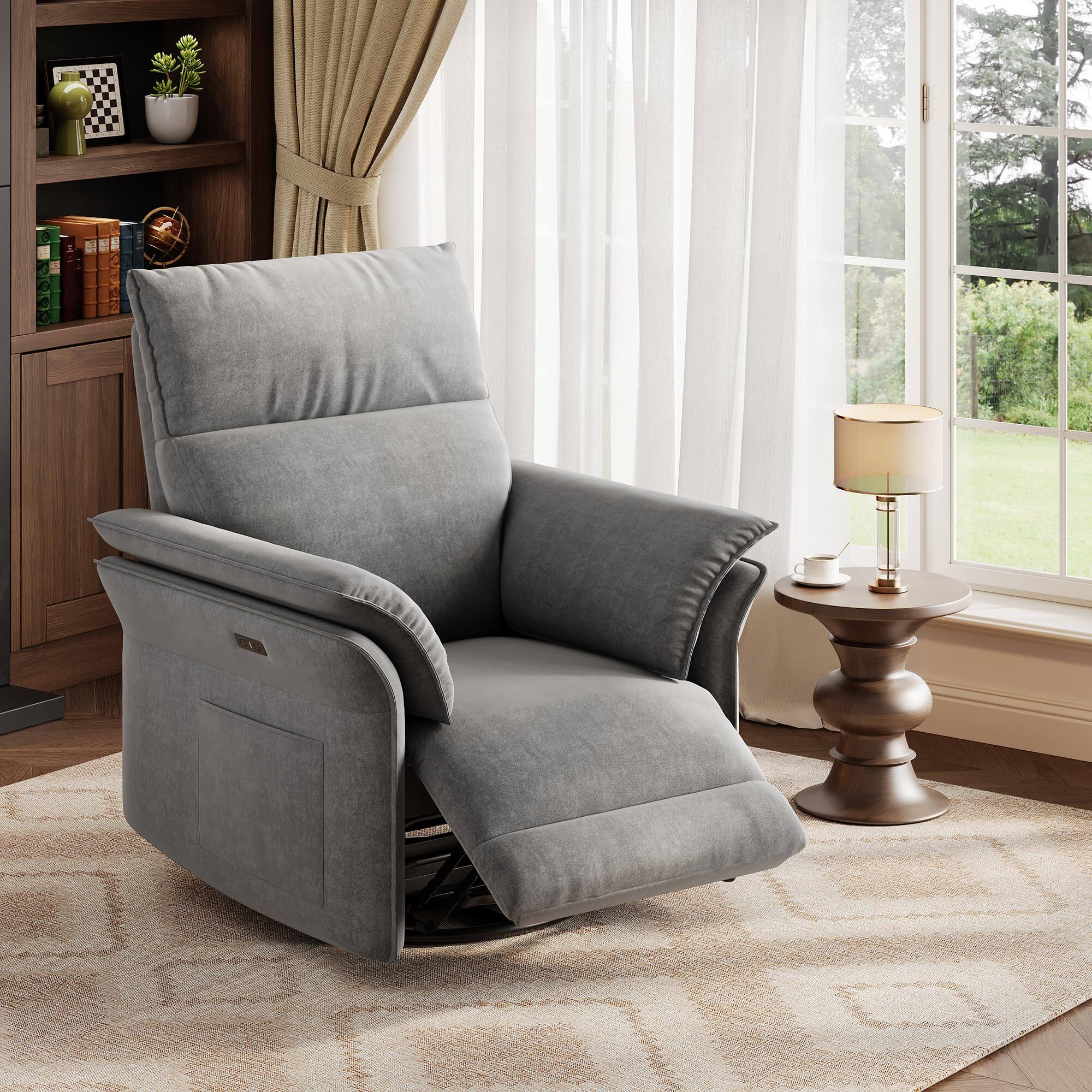 Front. Jojoka - Power Recliner Chair Swivel Nursery Rocker Reclining with Charging Port, Double Layered Armrests and Side Pocket - Grey.