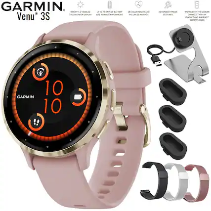 GARMIN Venu 3S
- BRIGHT 1.2" AMOLED TOUCHSCREEN DISPLAY
- UP TO 10 DAYS OF BATTERY LIFE IN SMARTWATCH MODE
- DETAILED HEALTH AND WELLNESS INSIGHTS
- ADVANCED FITNESS FEATURES
- WORKS WITH THE GARMIN CONNECT APP ON IPHONE AND ANDROID SMARTPHONES