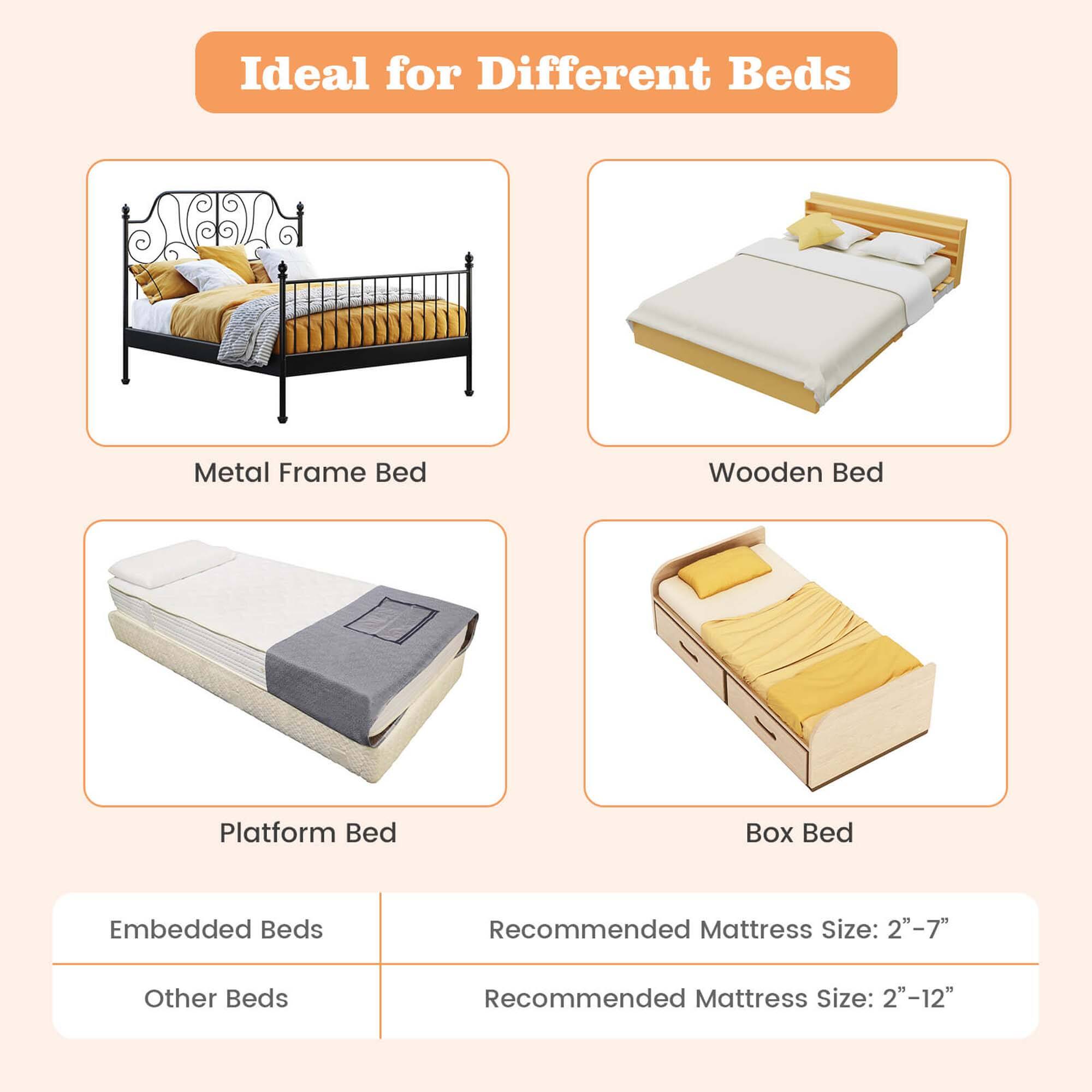 Ideal for Different Beds

Metal Frame Bed  
Wooden Bed  
Platform Bed  
Box Bed  

Embedded Beds  
Recommended Mattress Size: 2"-7"  

Other Beds  
Recommended Mattress Size: 2"-12"