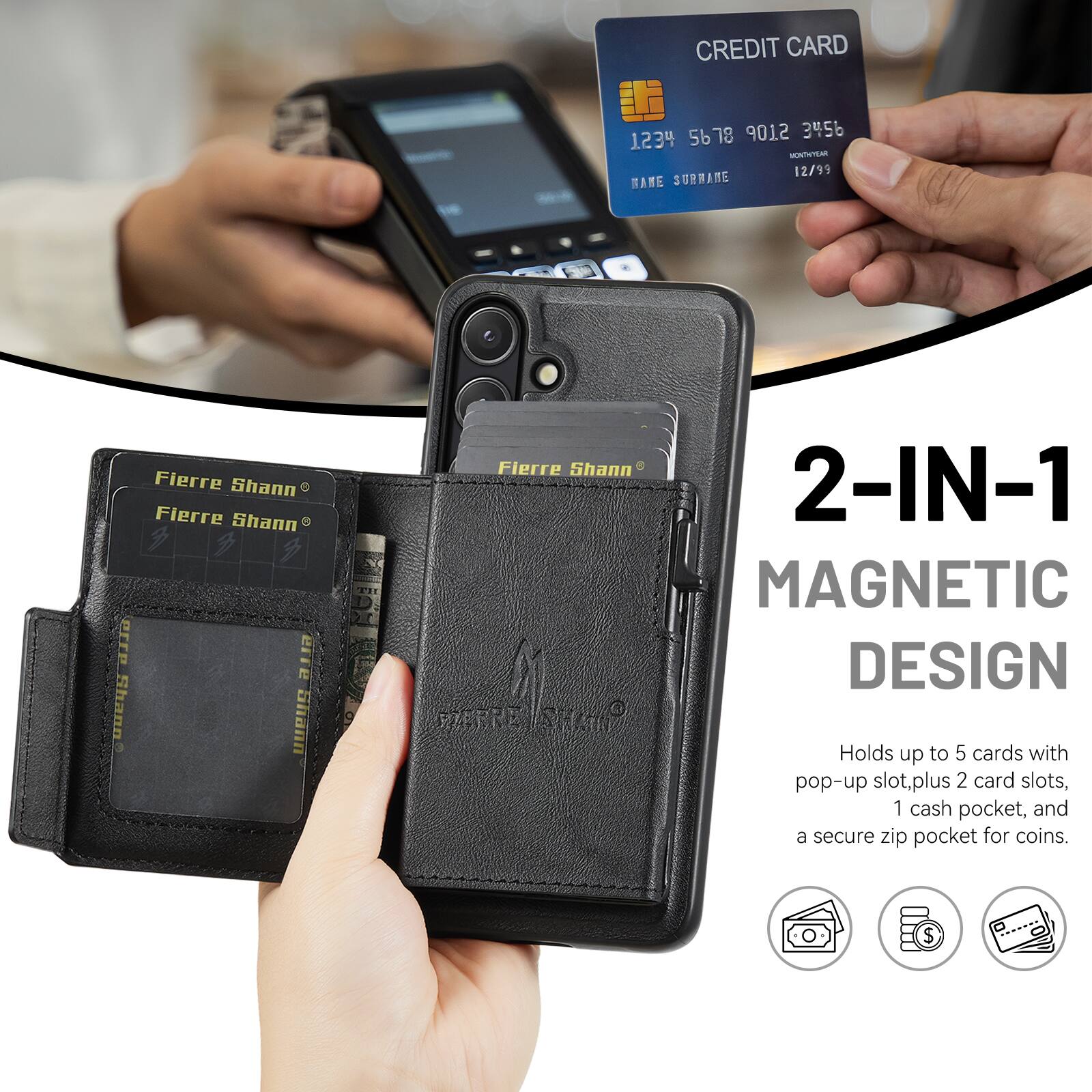 CREDIT CARD 5678 9012 3456 1234  
MUNITTSM  
12/99  
MAME SURNAME Fierre Shann  
Fierre Shann  
3  
P eire Shanns  
Shann Fierre Shann  
2-IN-1 MAGNETIC DESIGN  
PERRE  
Holds up to 5 cards with pop-up slot, plus 2 card slots, 1 cash pocket, and a secure zip pocket for coins.