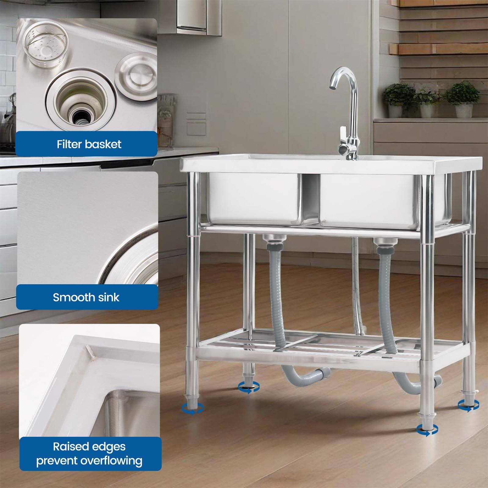 - Filter basket
- Smooth sink
- Raised edges prevent overflowing