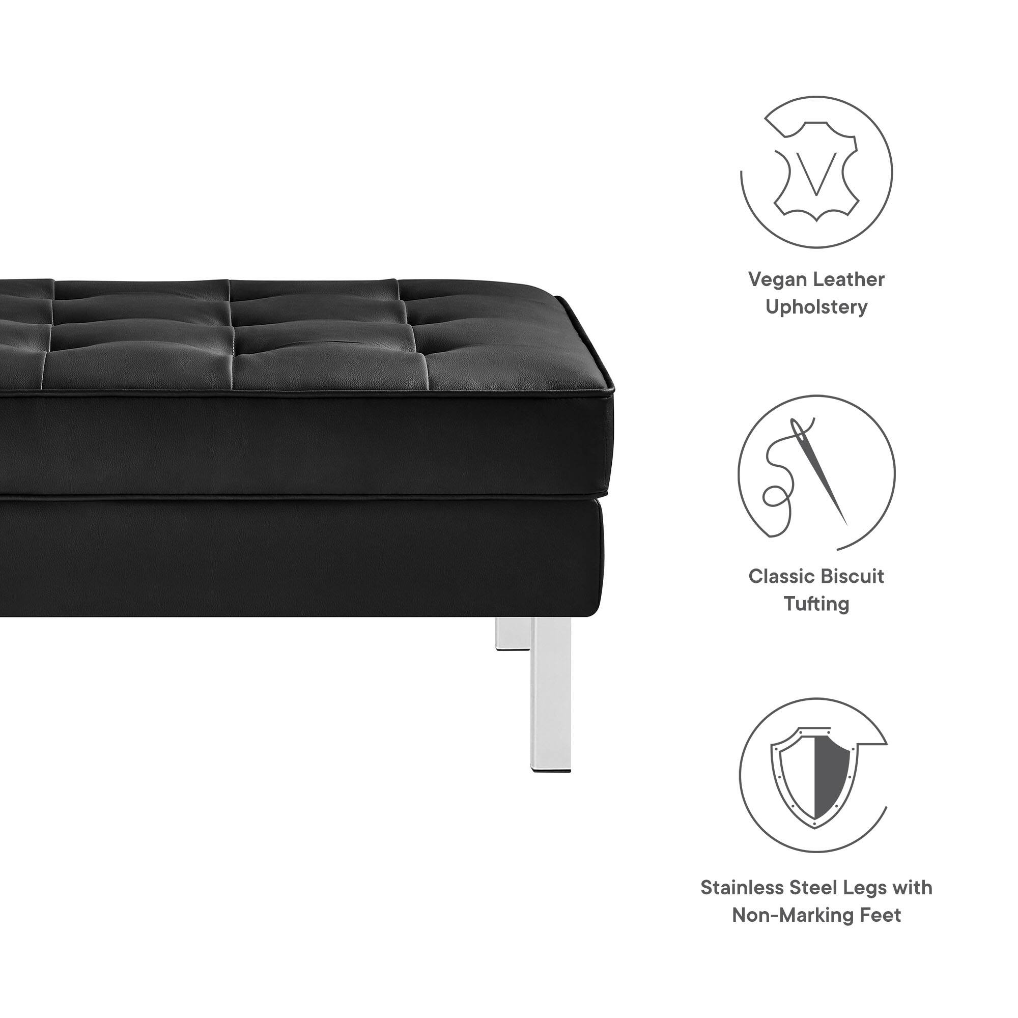 Vegan Leather Upholstery  
Classic Biscuit Tufting  
Stainless Steel Legs with Non-Marking Feet