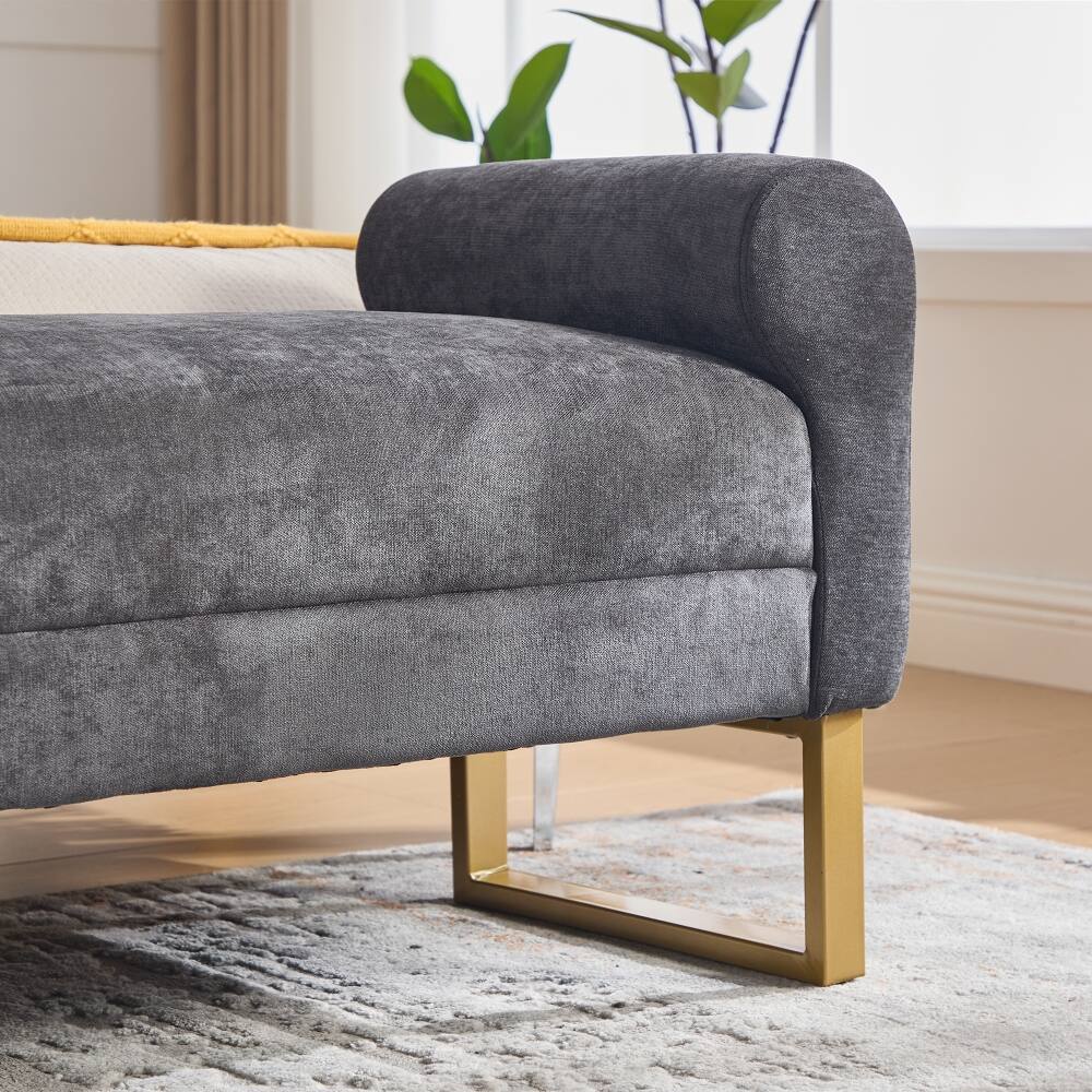 Alt View 7. Ropilly - 65" Dark Grey Chenille End of Bed Bench with Gold Legs, Modern Upholstered Ottoman Bench - Dark Grey.