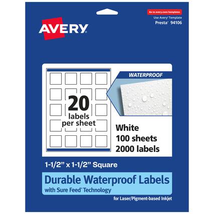 Go to avery.com/templates
AVERY
Use Avery™ Template Presta 94106
WATERPROOF
20 labels per sheet
White
100 sheets
2000 labels
1-1/2" x 1-1/2" Square
Durable Waterproof Labels with Sure Feed Technology for Laser/Pigment-based Inkjet