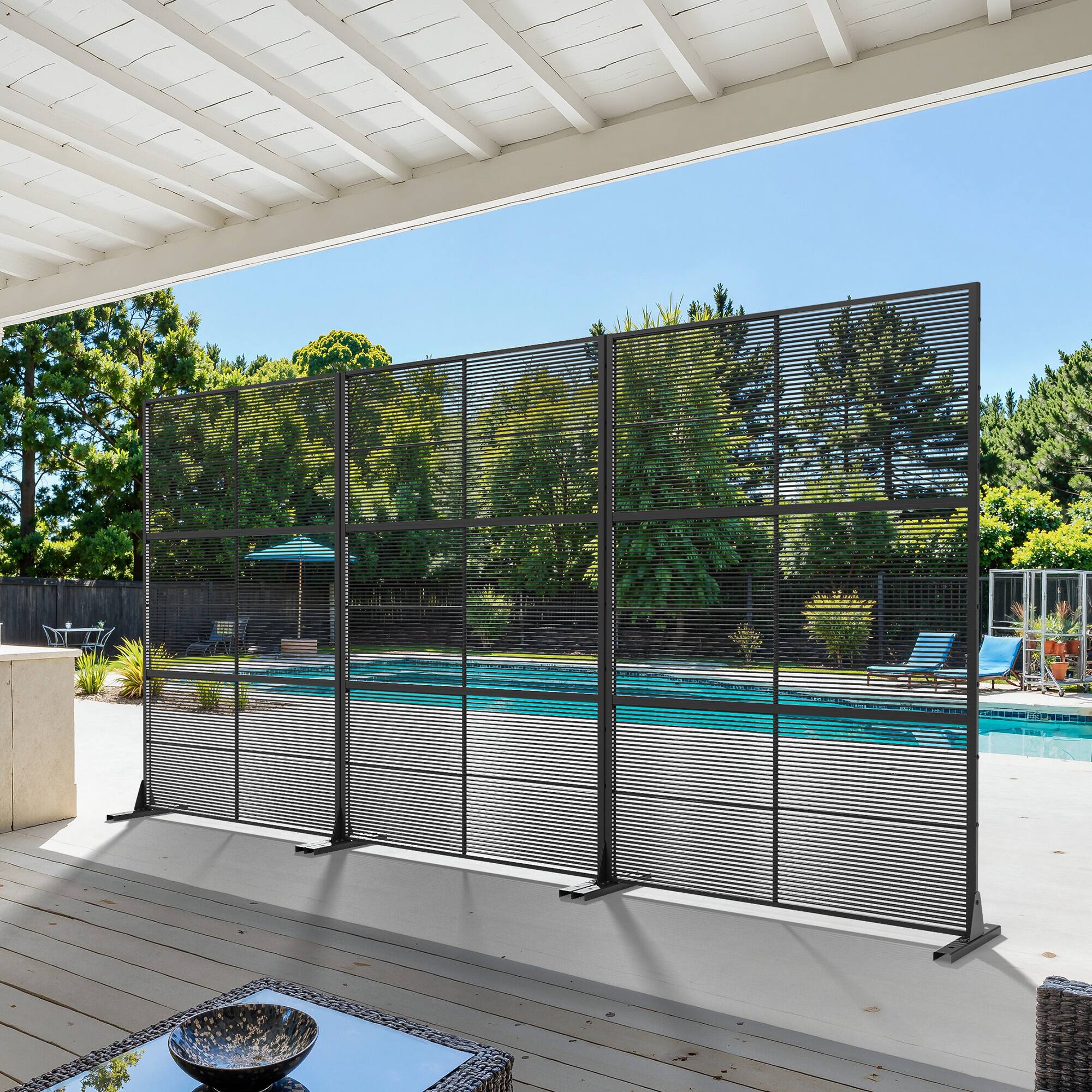 Alt View 9. PexFix - 72 in. x 47 in. Rattan Horizontal Pattern Metal Outdoor Privacy Screen & Panels, Freestanding Garden Divider Fence - Black.