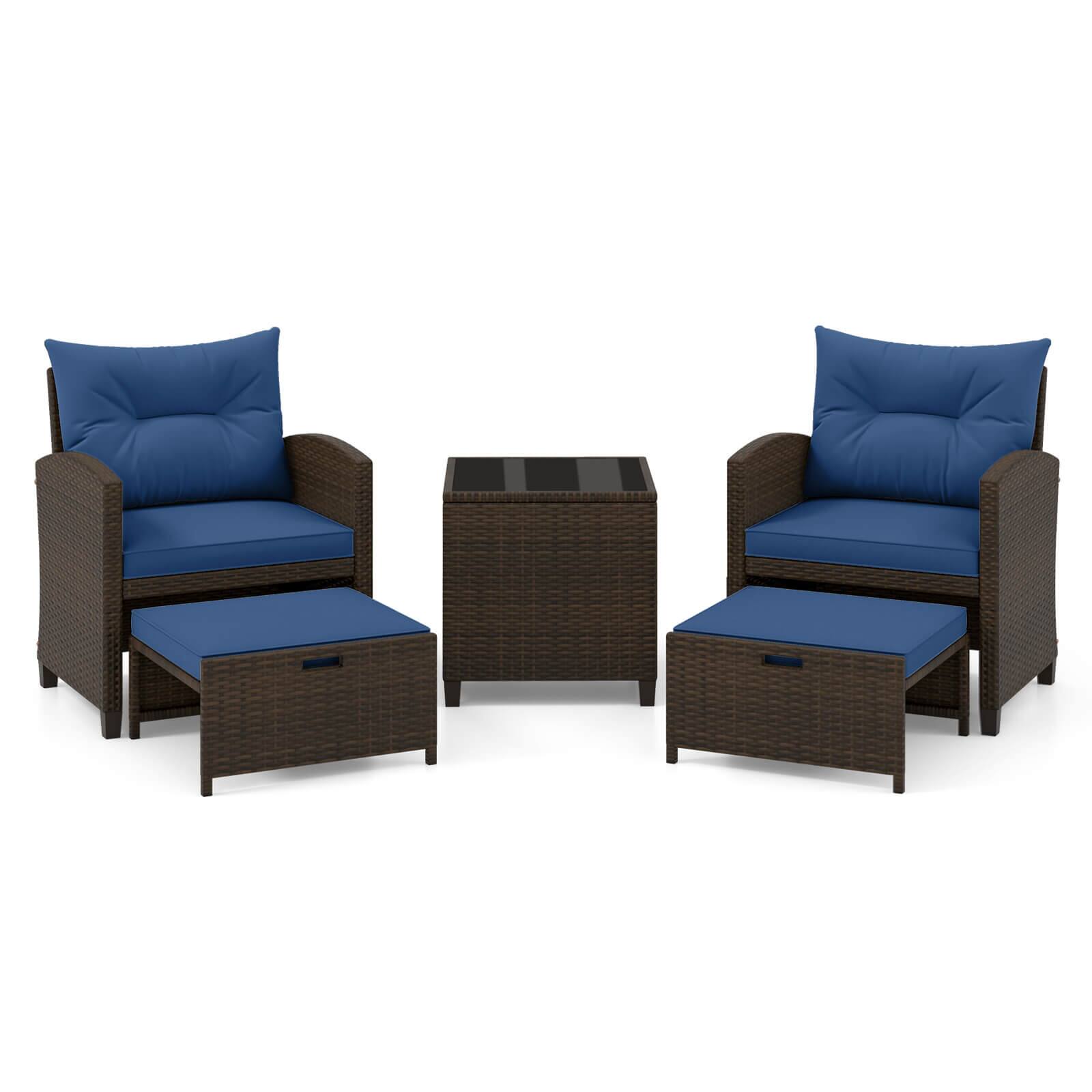 Alt View 9. Costway - 5 PCS Patio Rattan Furniture with 2 Wicker Ottomans & Tempered Glass Coffee Table - Navy + Mix Brown.