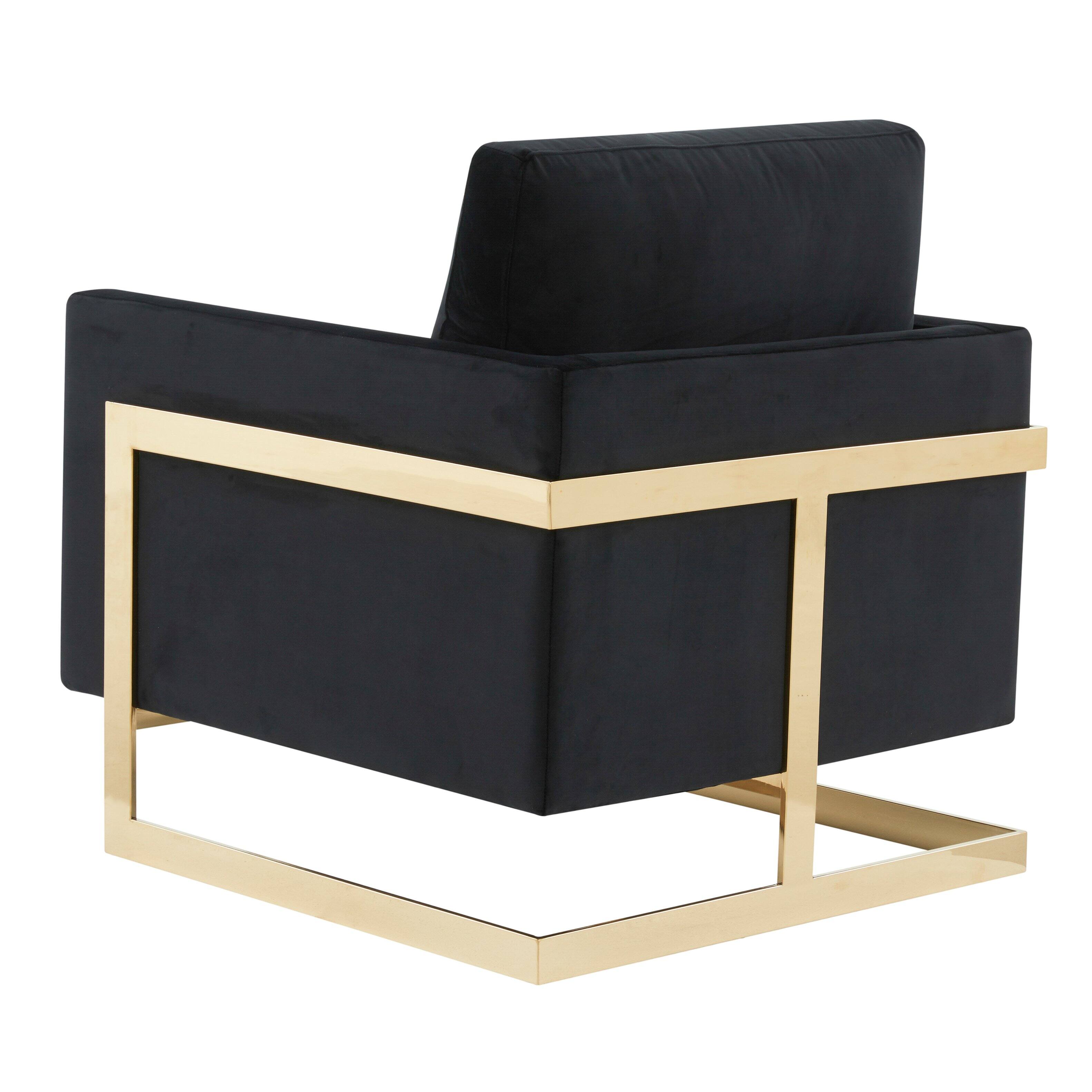 Alt View 4. LeisureMod - Lincold Modern Velvet Accent Chair, Gold Stainless Steel Sled Base Upholstered Armchair - Fully Assembled - Midnight Black.