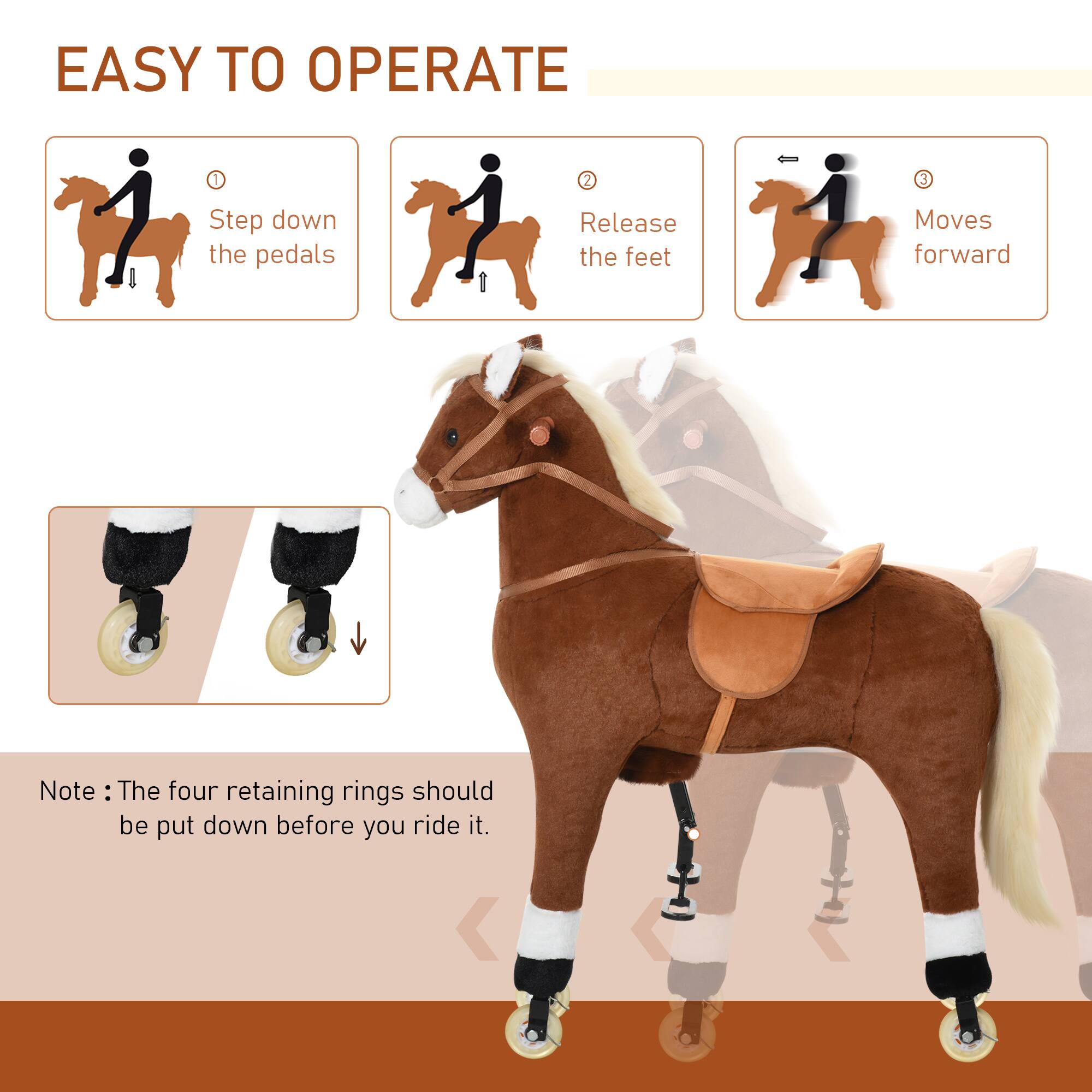 EASY TO OPERATE

1. Step down the pedals
2. Release the feet
3. Moves forward

Note: The four retaining rings should be put down before you ride it.