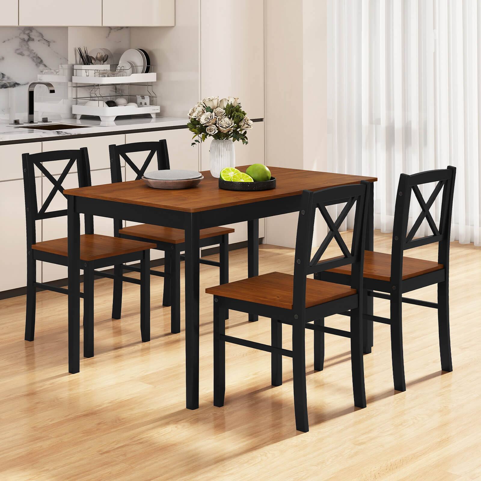 Alt View 3. Costway - Costway 5 Piece Dining Table Set for 4 People with Rubber Wood Legs, Cross Backrest - Brown.