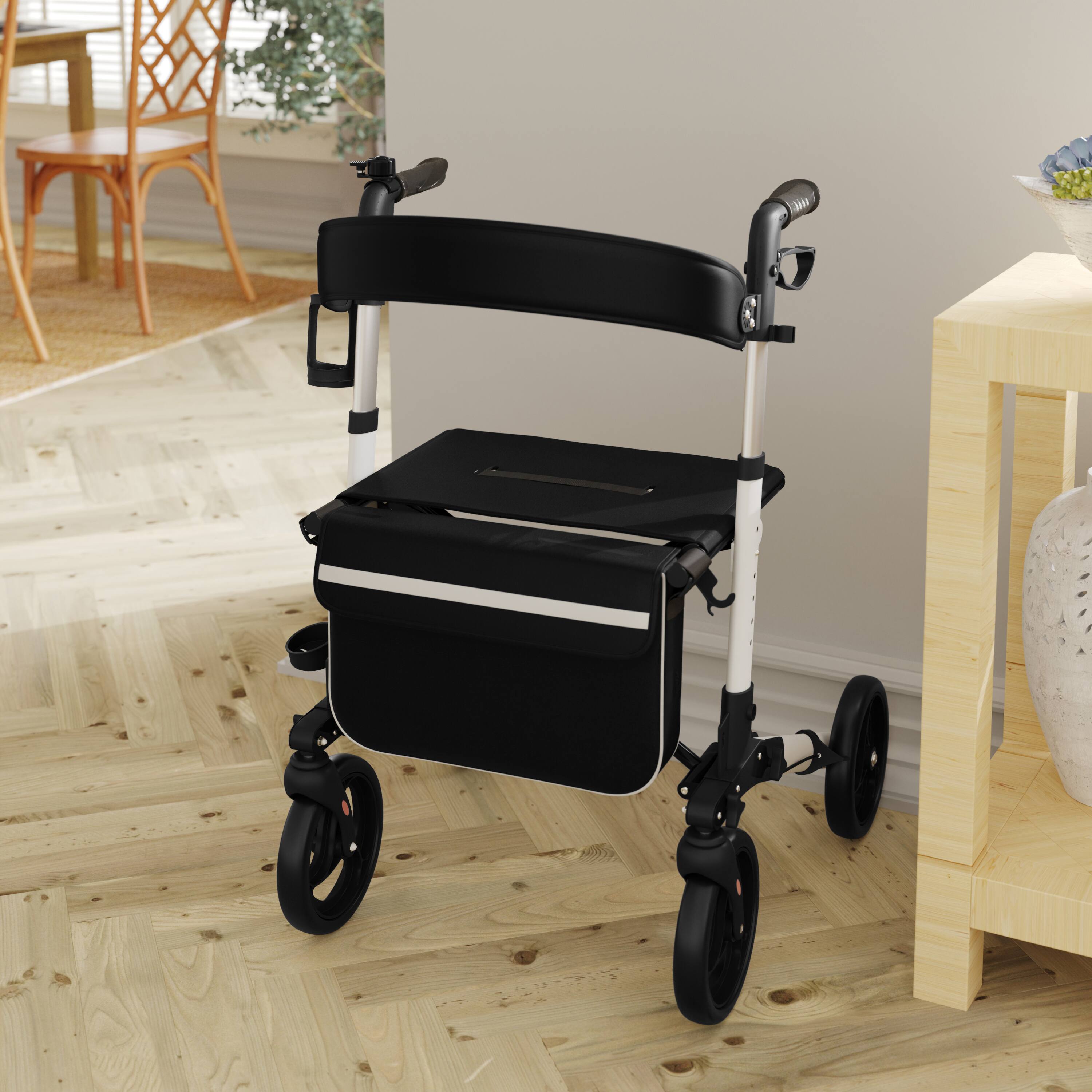 Alt View 1. Emma + Oliver - Ramsey Rollator Walker with Lightweight, Height-Adjust, Foldable Frame, Three-Setting Hand Brake System, 360° Swivel - White and Black.