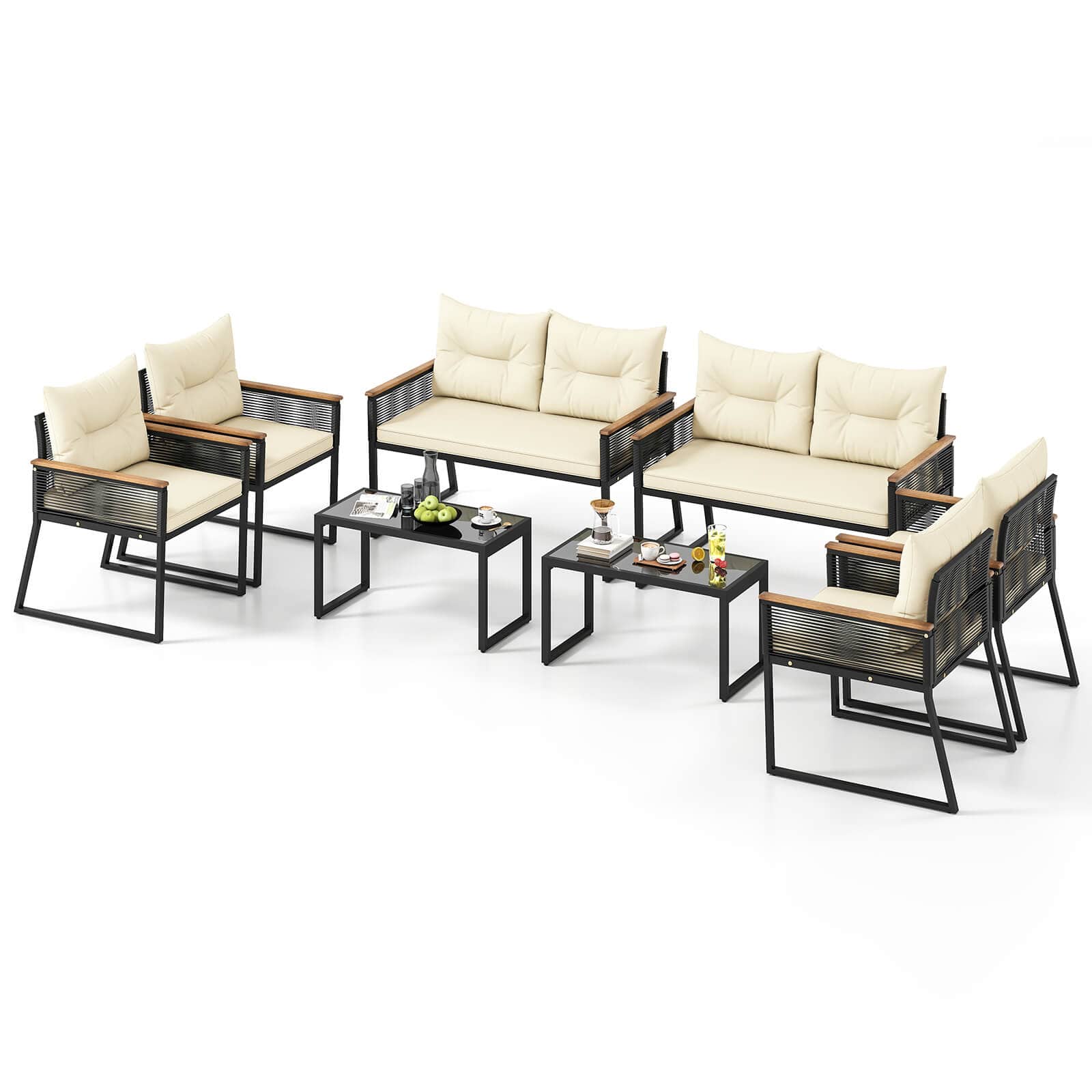 Costway - 8 PCS Patio Furniture Set with Tempered Glass Coffee Table PE Wicker Rattan Chairs - Black,Off White price history on PriceWatchPro