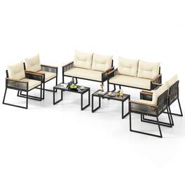 Gymax - Set Of 8 Patio Furniture Set w/Tempered Glass Coffee Table PE Wicker Rattan Chairs - Black, Off White