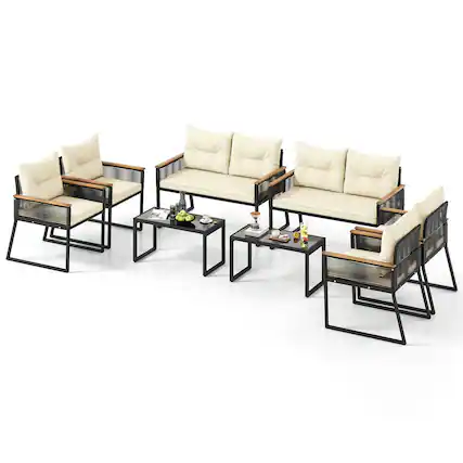 Front. Gymax - Gymax Set Of 8 Patio Furniture Set w/Tempered Glass Coffee Table PE Wicker Rattan Chairs - Black, Off White.