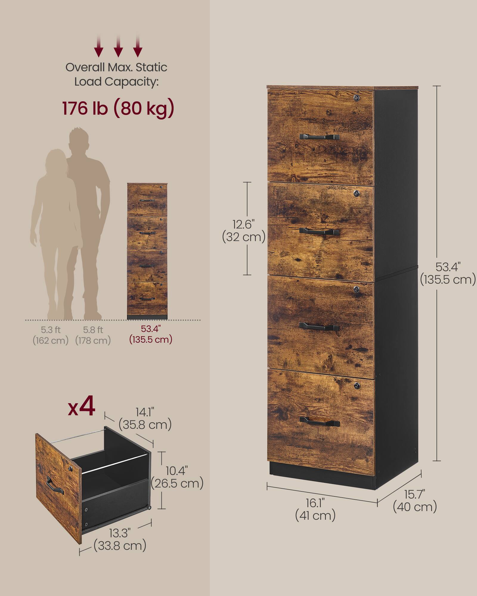 Overall Max. Static Load Capacity: 176 lb (80 kg)  
12.6" (32 cm)  
53.4" (135.5 cm)  
5.3 ft  
5.8 ft (162 cm) (178 cm)  
53.4" (135.5 cm) x4  
14.1" (35.8 cm)  
10.4" (26.5 cm)  
13.3" (33.8 cm)  
16.1" (41 cm)  
15.7" (40 cm)