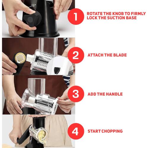1. Rotate the knob to firmly lock the suction base.
2. Attach the blade.
3. Add the handle.
4. Start chopping.