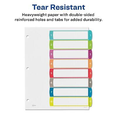 Tear Resistant  
Heavyweight paper with double-sided reinforced holes and tabs for added durability.  
1 1  
2 2  
3 3  
4 4  
5 5  
6 6  
7 7  
8 8