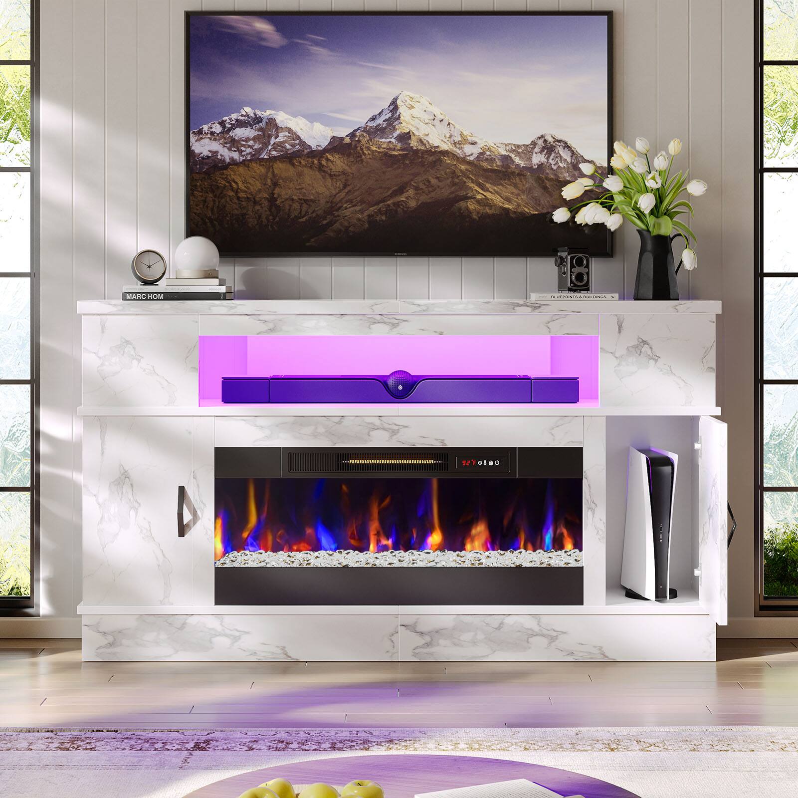 Alt View 2. Bestier - 63"W fireplace TV stand for 70" TVs, 36"W electric fireplace, storage & LED lights - White.