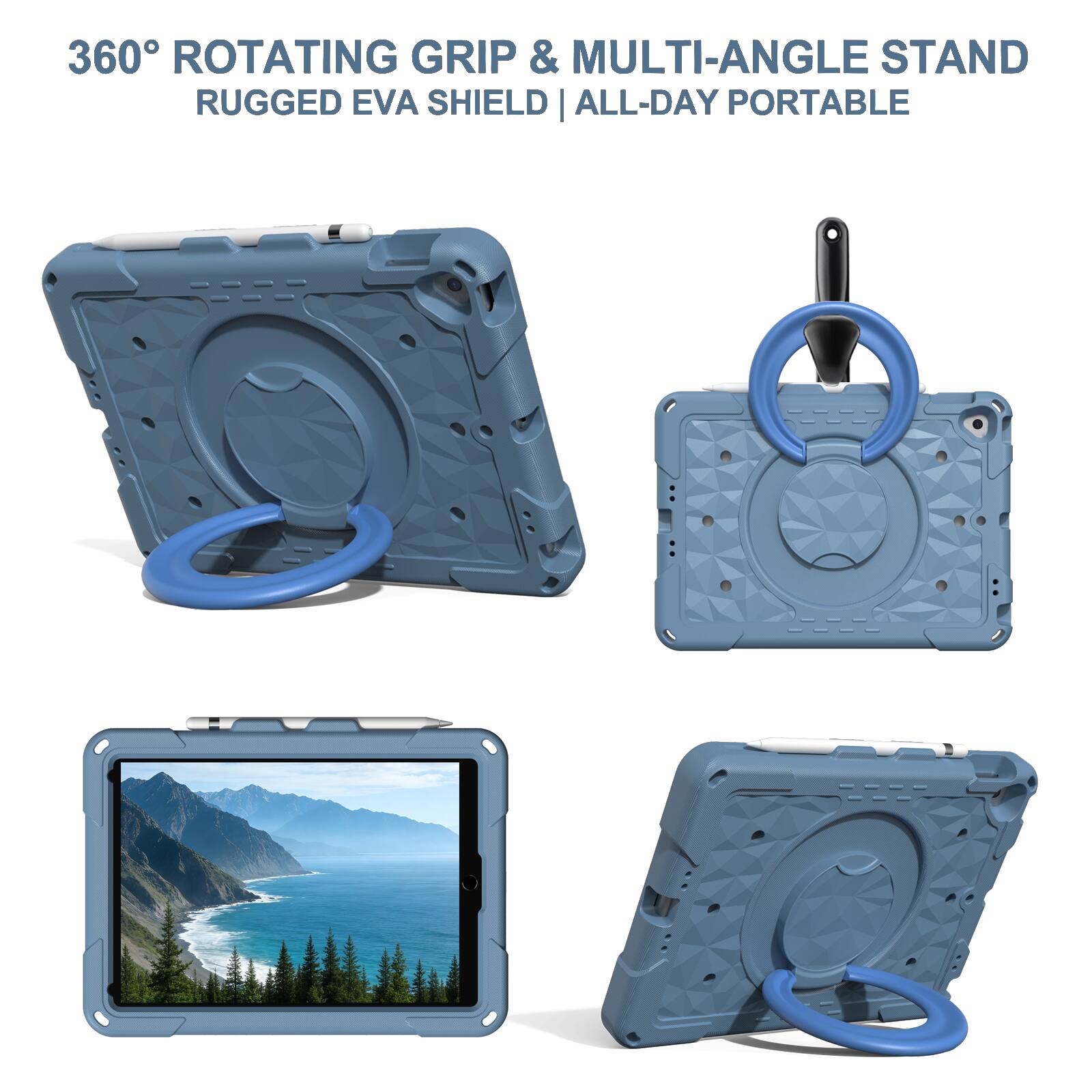 360° ROTATING GRIP & MULTI-ANGLE STAND  
RUGGED EVA SHIELD | ALL-DAY PORTABLE