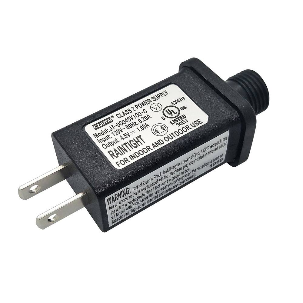**CLASS 2 POWER SUPPLY**  
Model: JT-DC045V100-C  
Input: 120V~ 4.5V  
Output: 1.00A  
60Hz  

**RAIN TIGHT FOR INDOOR AND OUTDOOR USE**  

**UL LISTED**  
C UL US  
30EJ  

**WARNING:**  
Risk of Electrical Shock.  
This unit has an enclosure that is weatherproof.  
Not for use with receptacle that is greater than 1 foot from the ground only.  
Attachment plug cap must be inserted and receptacle cover must be in place.  

**E200916**  
CZJUTAI  

**AGFD1 receptacle that is shock proof with the ground only. Install only to a covered Class A or recessed receptacle. Mount 1 foot from the ground only.**
