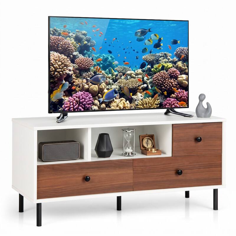 Left. WELLFOR - Mid-Century TV Stand for 50-inch TVs , Entertainment Center Media Console Table with 2 Cubbies and 3 Drawers - White& Brown.
