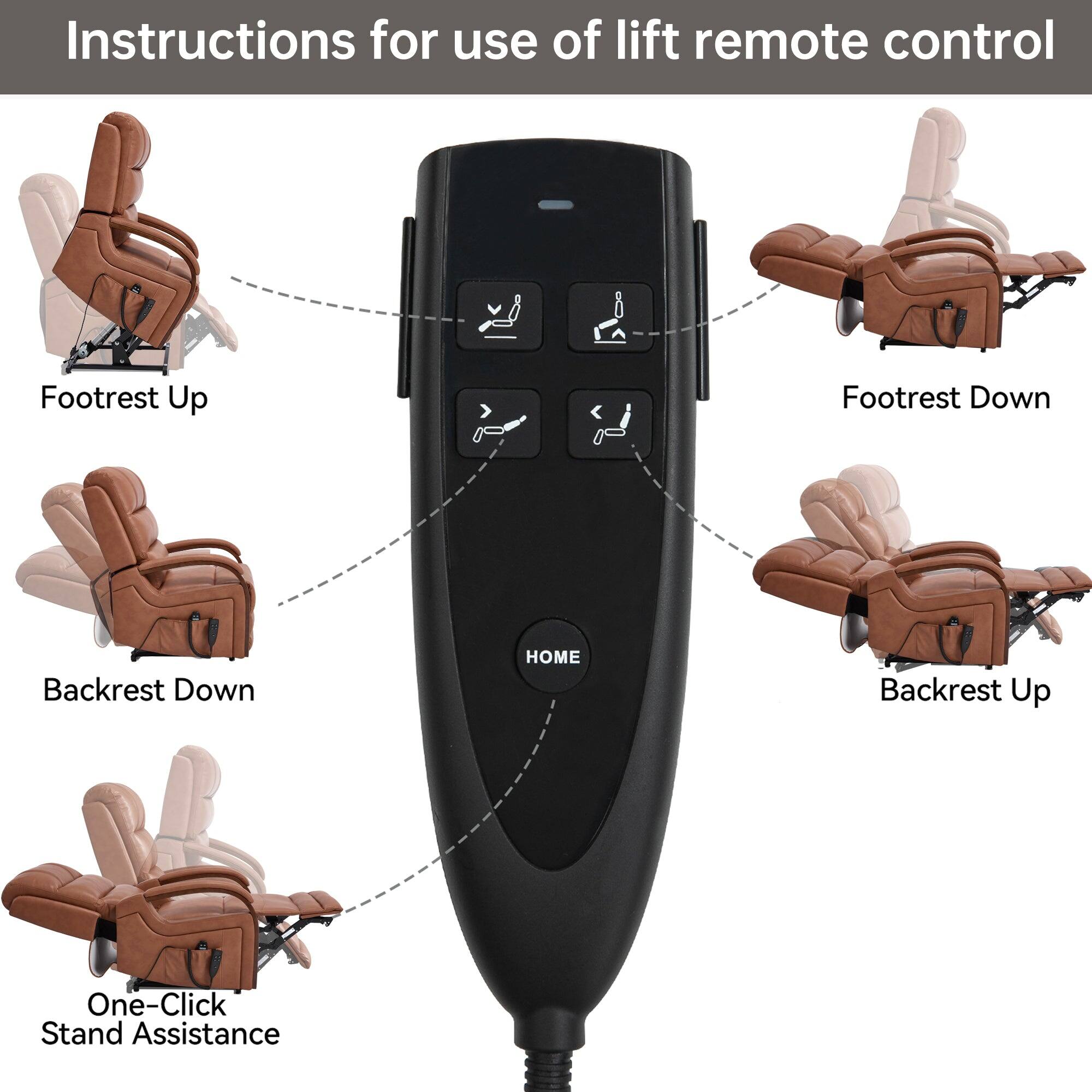 Instructions for use of lift remote control

- Footrest Up
- Footrest Down
- Backrest Down
- Backrest Up
- One-Click Stand Assistance
- HOME