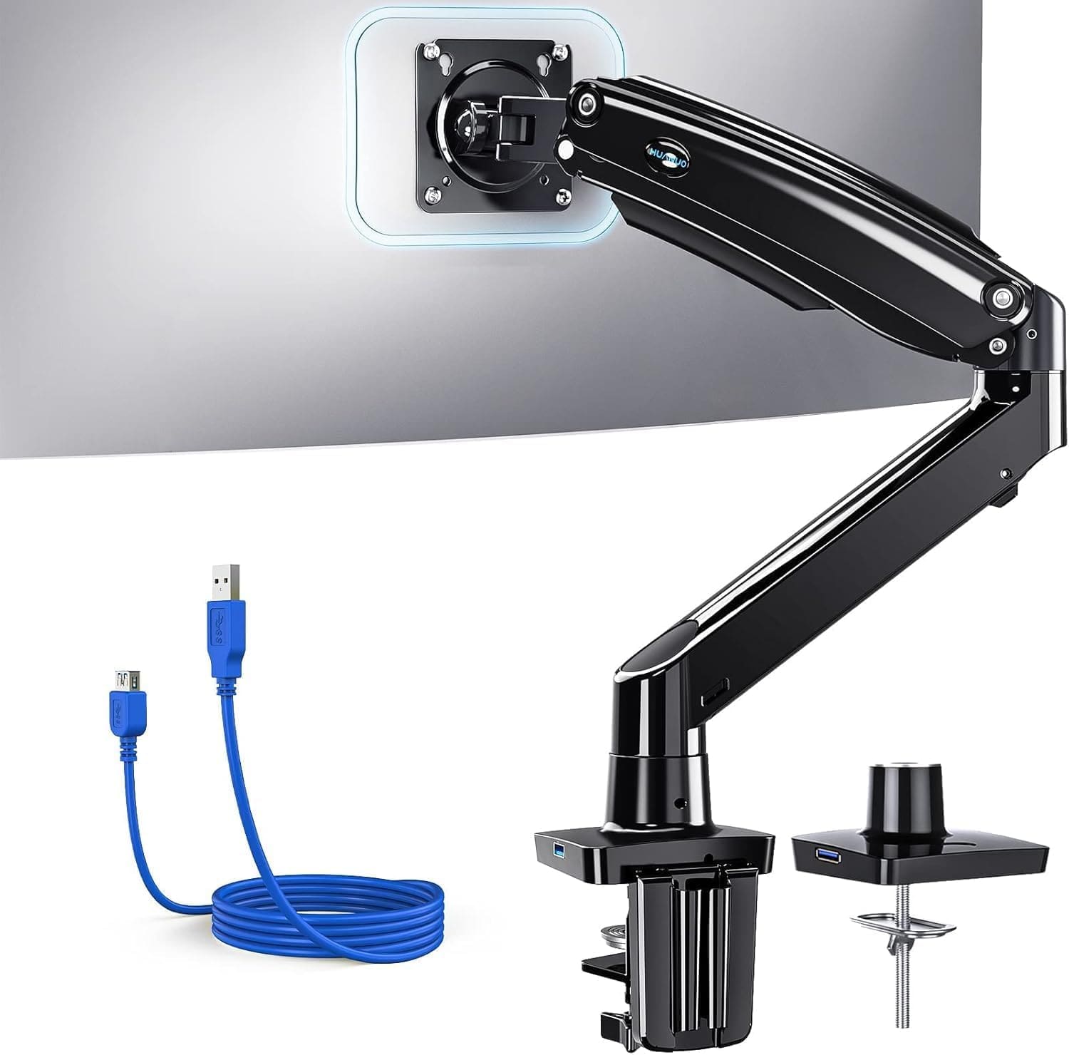 FINEAK - Single Monitor Arm for 13-49 inch Screens, Adjustable Stand with USB - Black