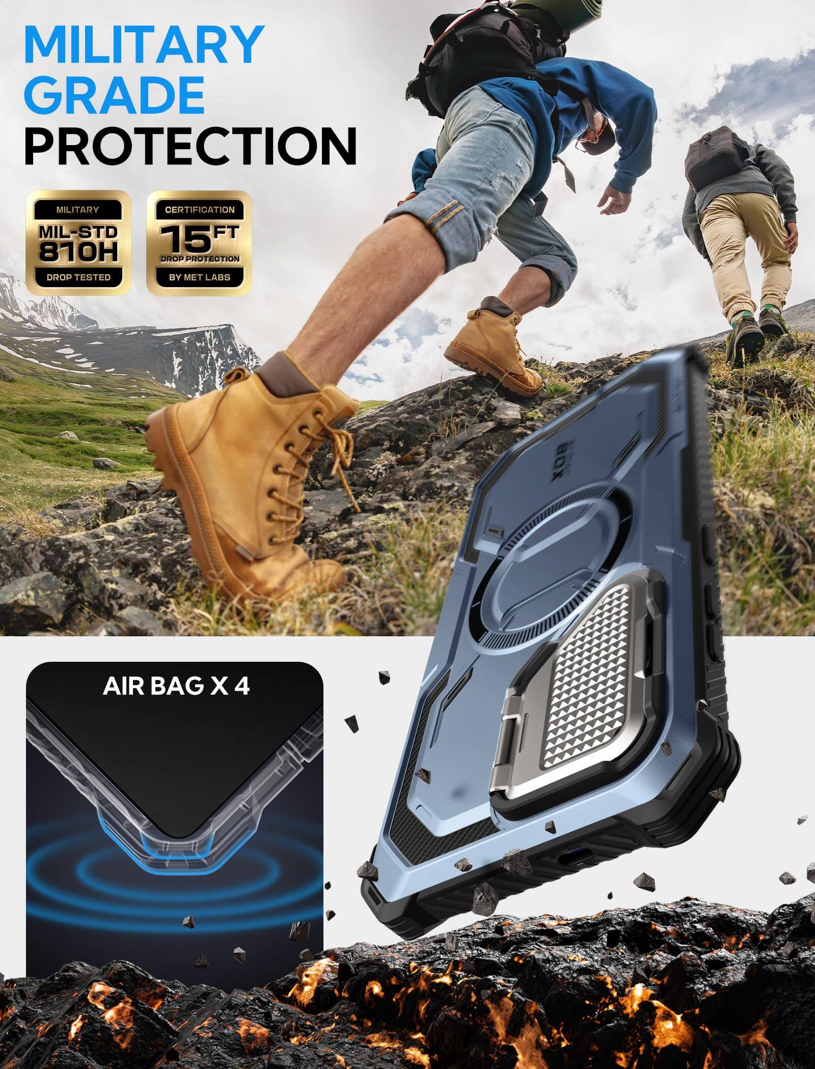 MILITARY GRADE PROTECTION

MILITARY  
MIL-STD 810H  
DROP TESTED

CERTIFICATION  
15 FT  
DROP PROTECTION  
BY MET LABS

AIR BAG X 4