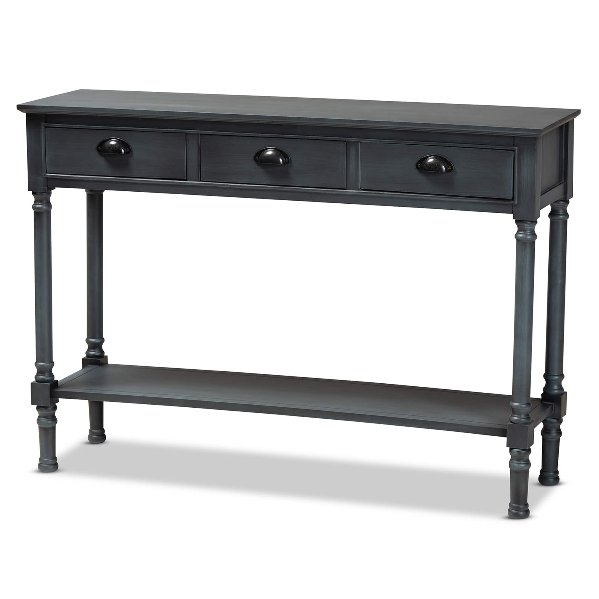 Front. Baxton Studio - Garvey French Provincial Dark Gray Wood 3-Drawer Entryway Console Table - Dark Blue Gray.