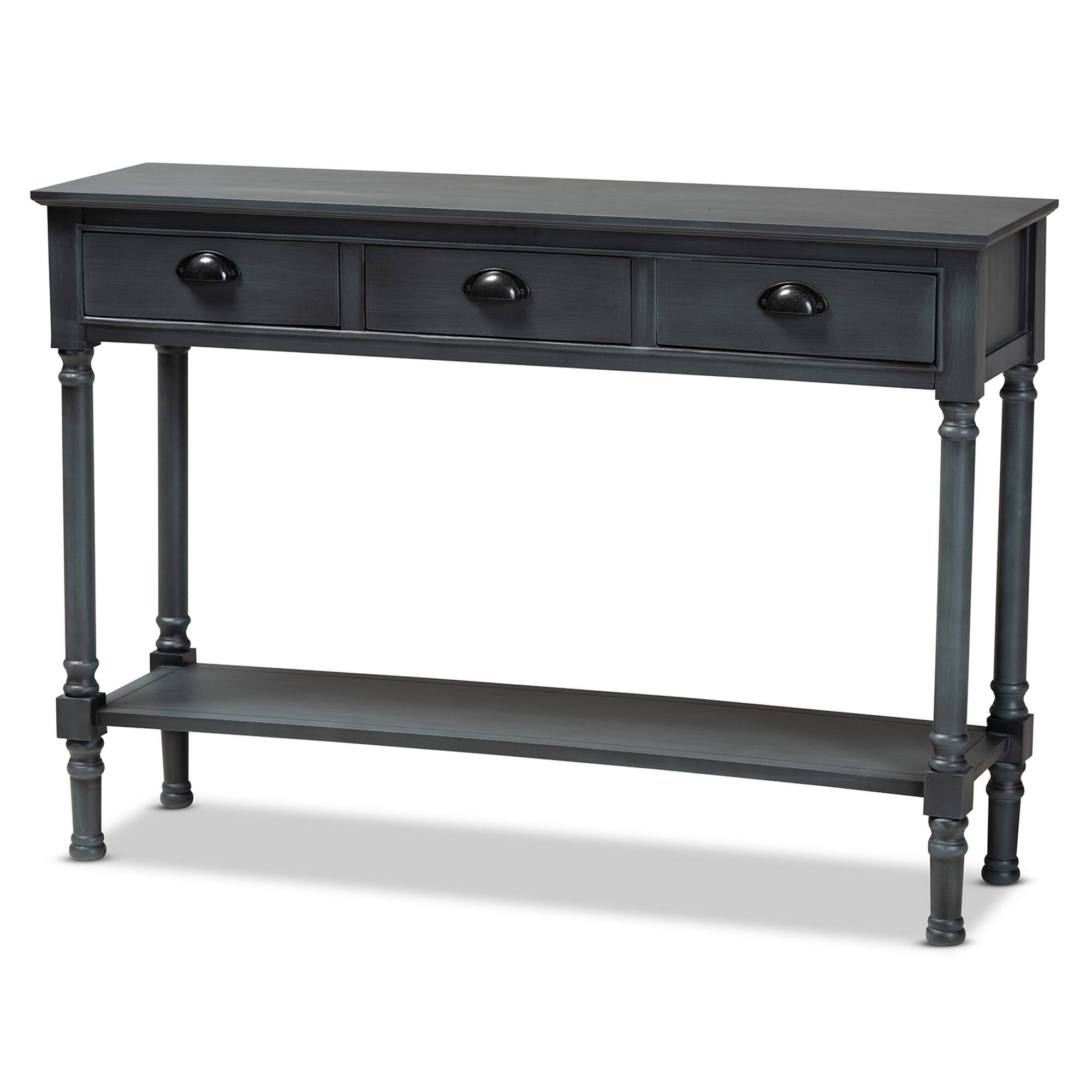 Front. Baxton Studio - Garvey French Provincial Dark Gray Wood 3-Drawer Entryway Console Table - Dark Blue Gray.