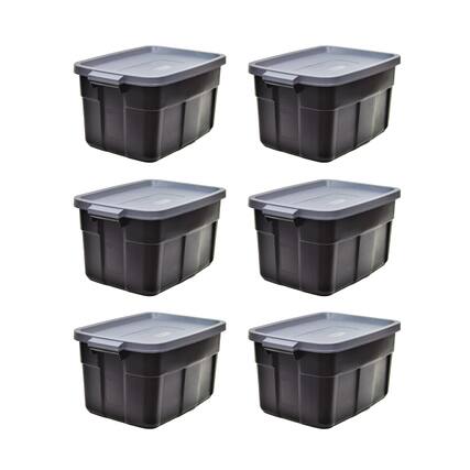 Front. RubberMaid - Rubbermaid Roughneck Tote 14 Gallon Storage Container, Black/Cool Gray (6 Pack) - Black and Grey.