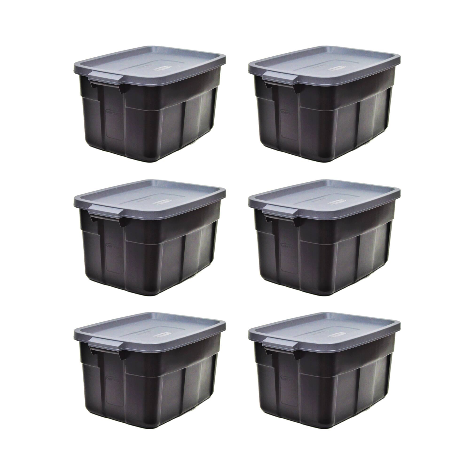 Front. RubberMaid - Rubbermaid Roughneck Tote 14 Gallon Storage Container, Black/Cool Gray (6 Pack) - Black and Grey.